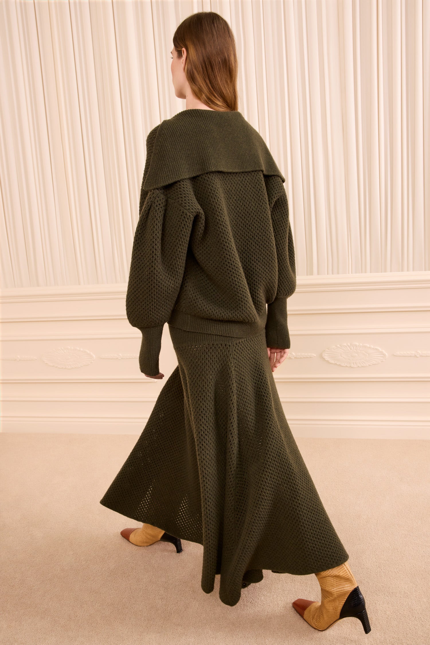 Ulla Johnson Militaire Mesh Wool Knit Pullover - Back View with Oversized Shawl Collar | Ulla Johnson