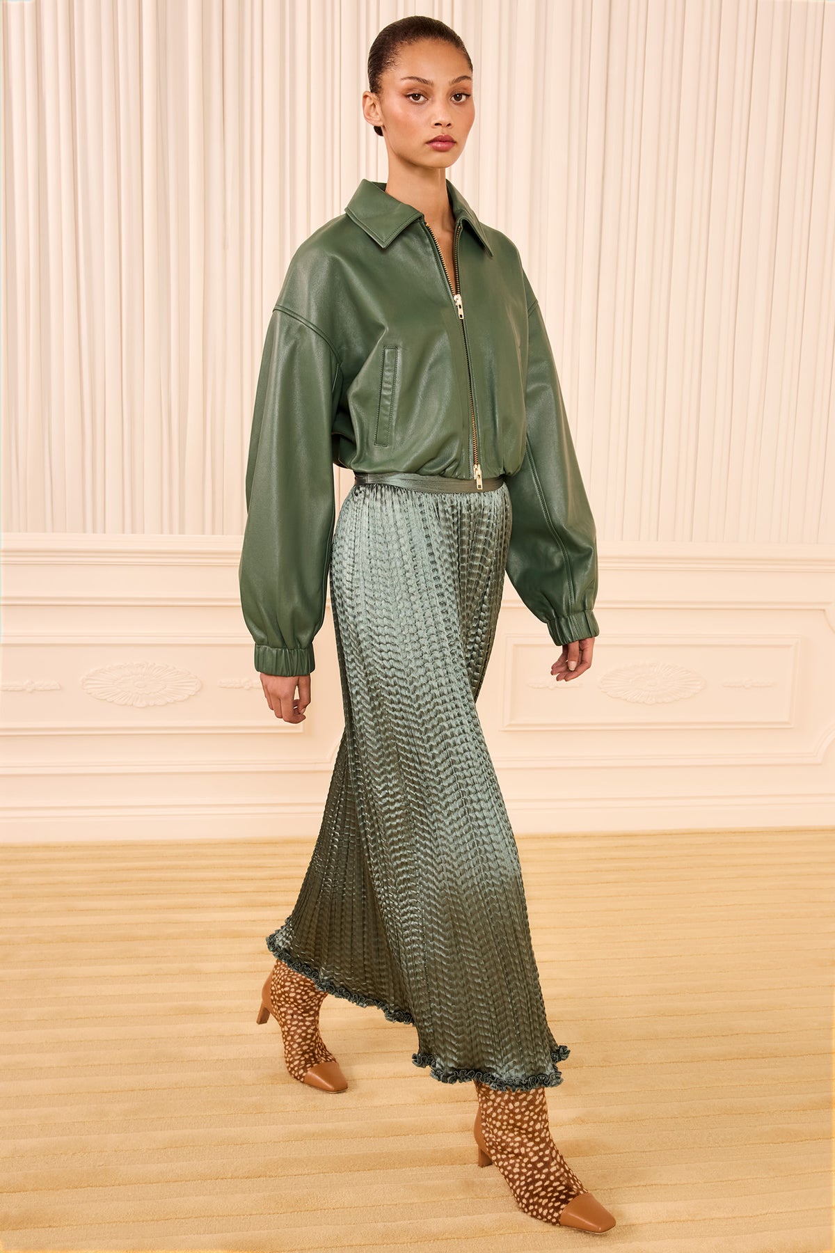 Serpentine Satin Pleated Midi Skirt - Front View On Model | Ulla Johnson