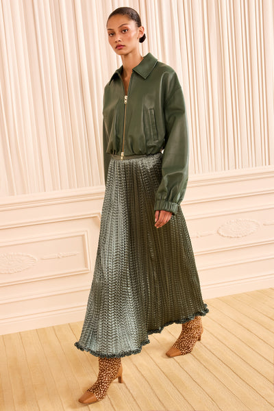 Serpentine Satin Pleated Midi Skirt - Three-Quarter View, Styled Look | Ulla Johnson