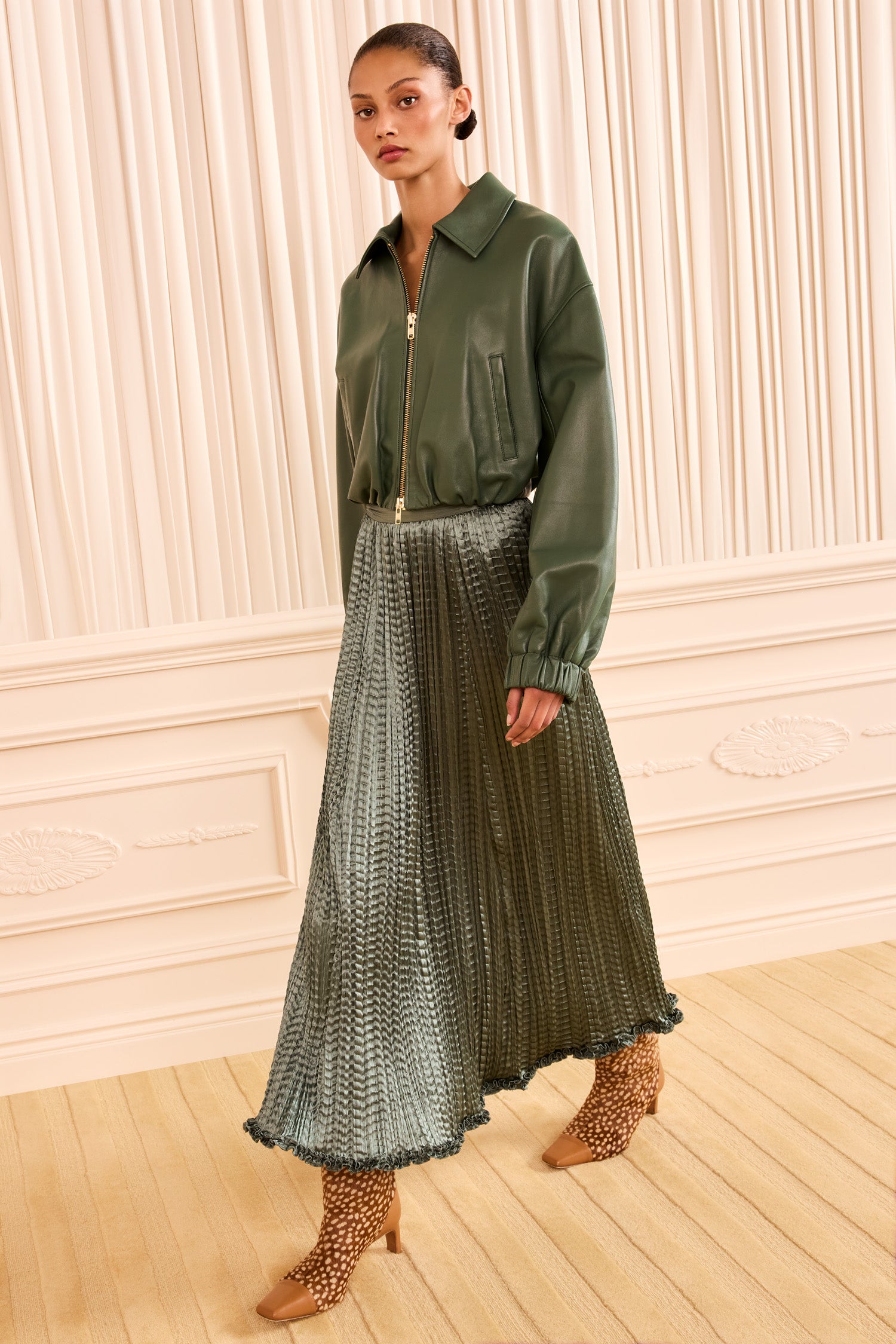 Ulla Johnson Serpentine Satin Pleated Midi Skirt - Three-Quarter View, Styled Look | Ulla Johnson
