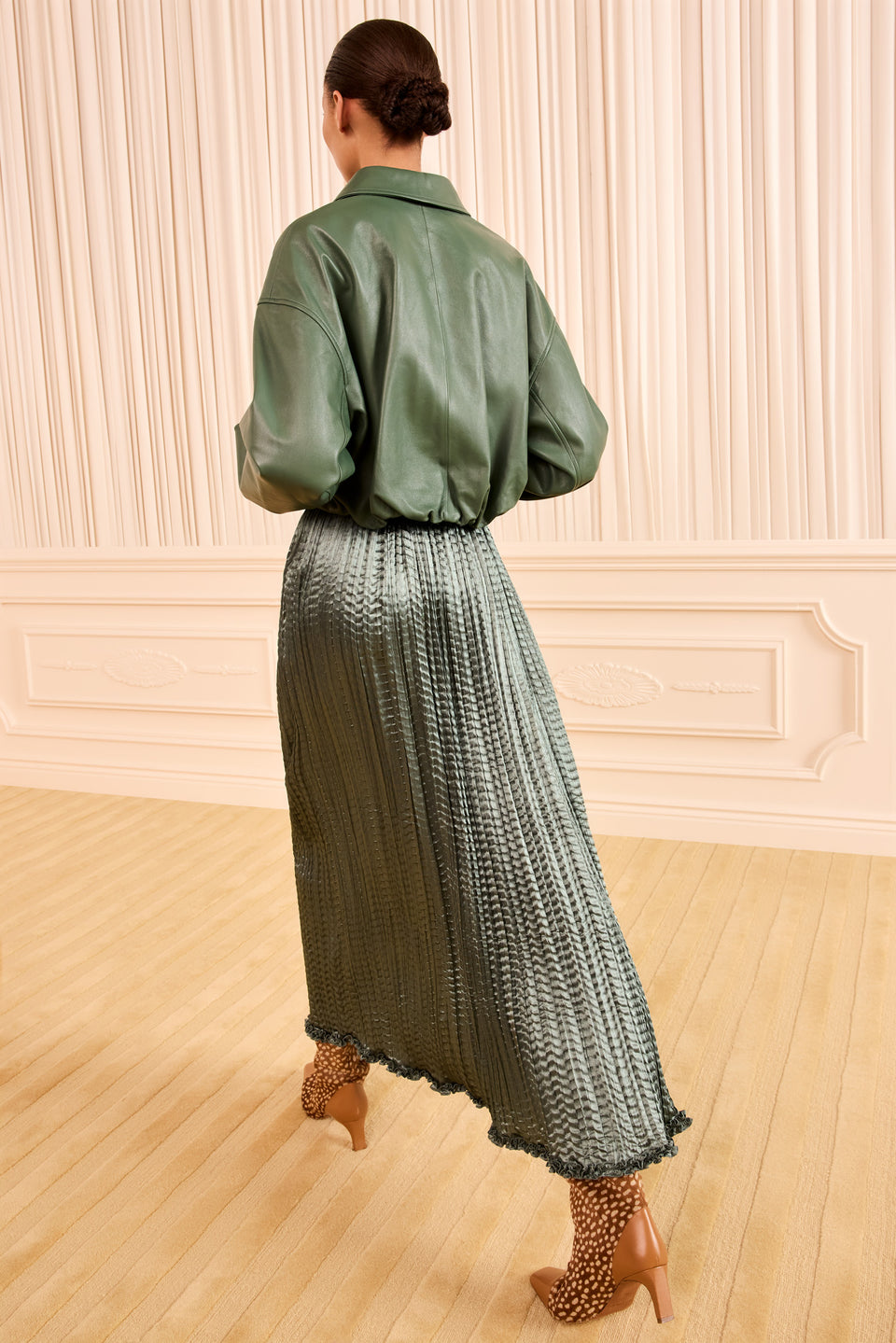 Serpentine Satin Pleated Midi Skirt - Back View On Model | Ulla Johnson