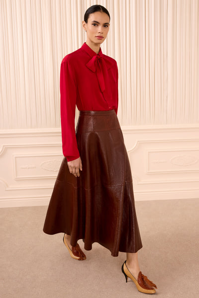 Cerise Silk Crepe de Chine Bow Blouse - Front Full Length On Model | Ulla Johnson