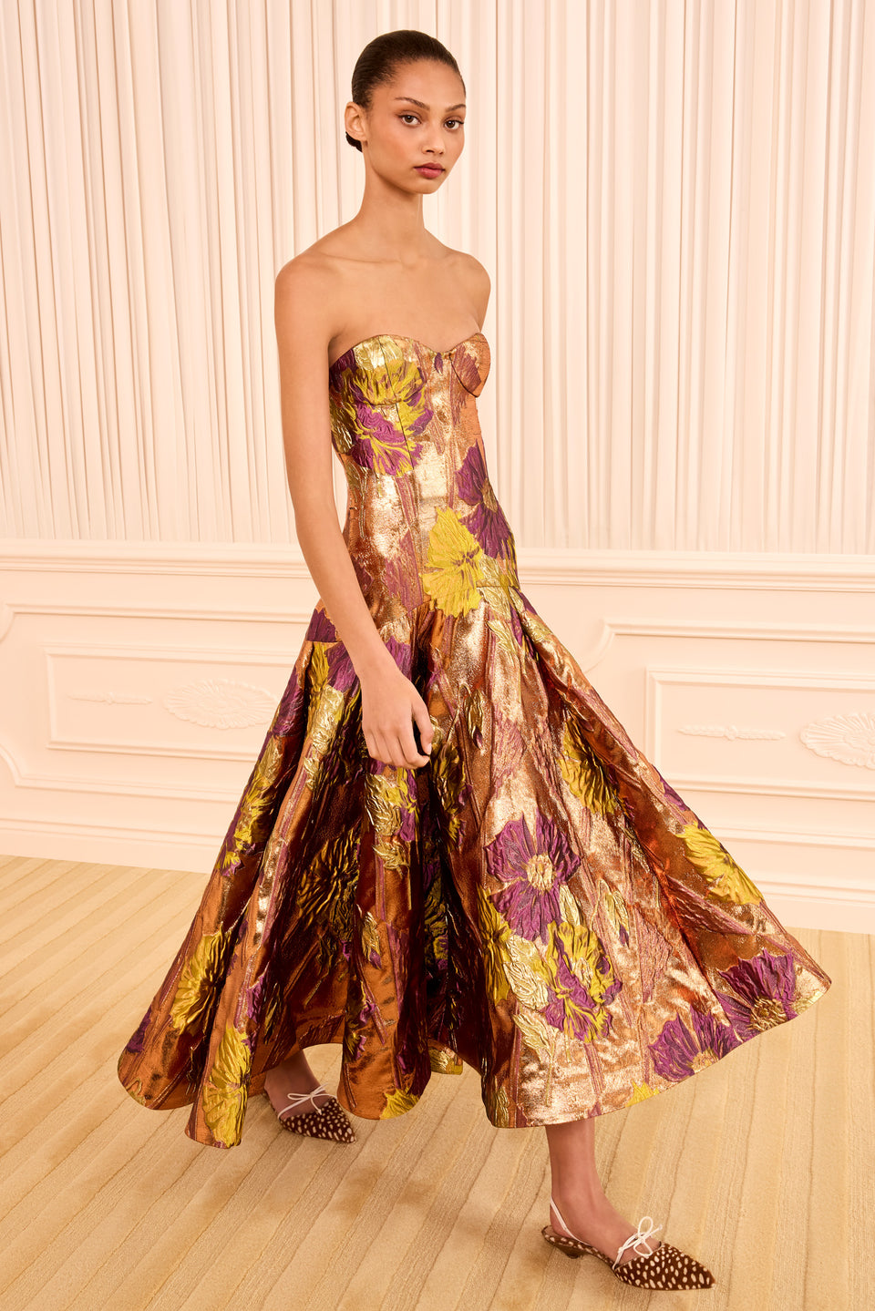 Ember Metallic Floral Jacquard Strapless Dress - Side View, Full Skirt | Ulla Johnson