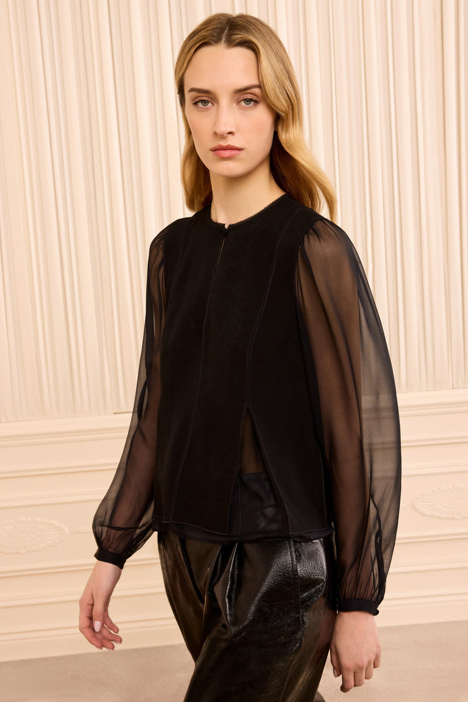 Black Chiffon Long Sleeve Designer Blouse - Three-Quarter Front View | Ulla Johnson