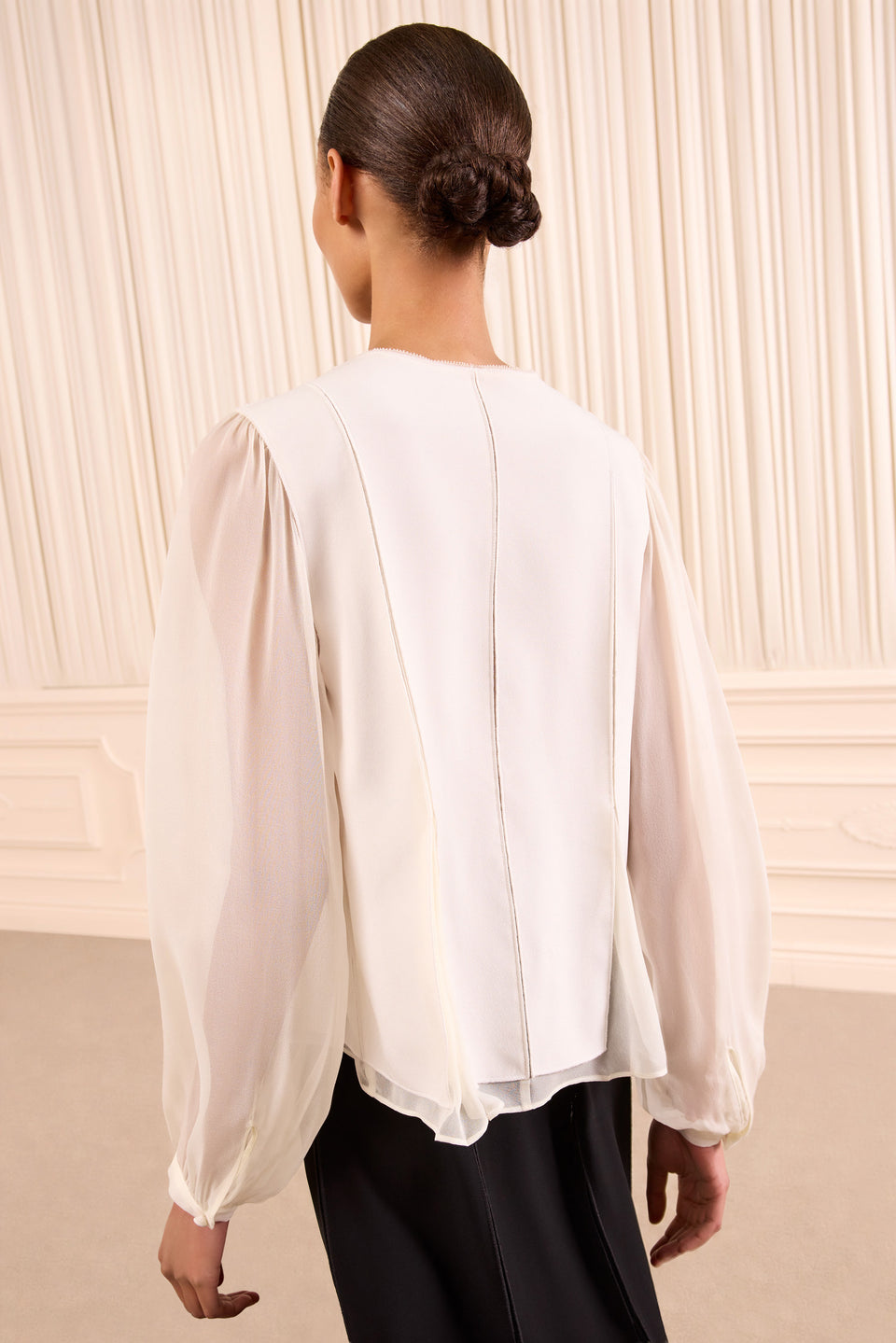Pearled Ivory Chiffon Crepe Blouse - Back View On Model | Ulla Johnson