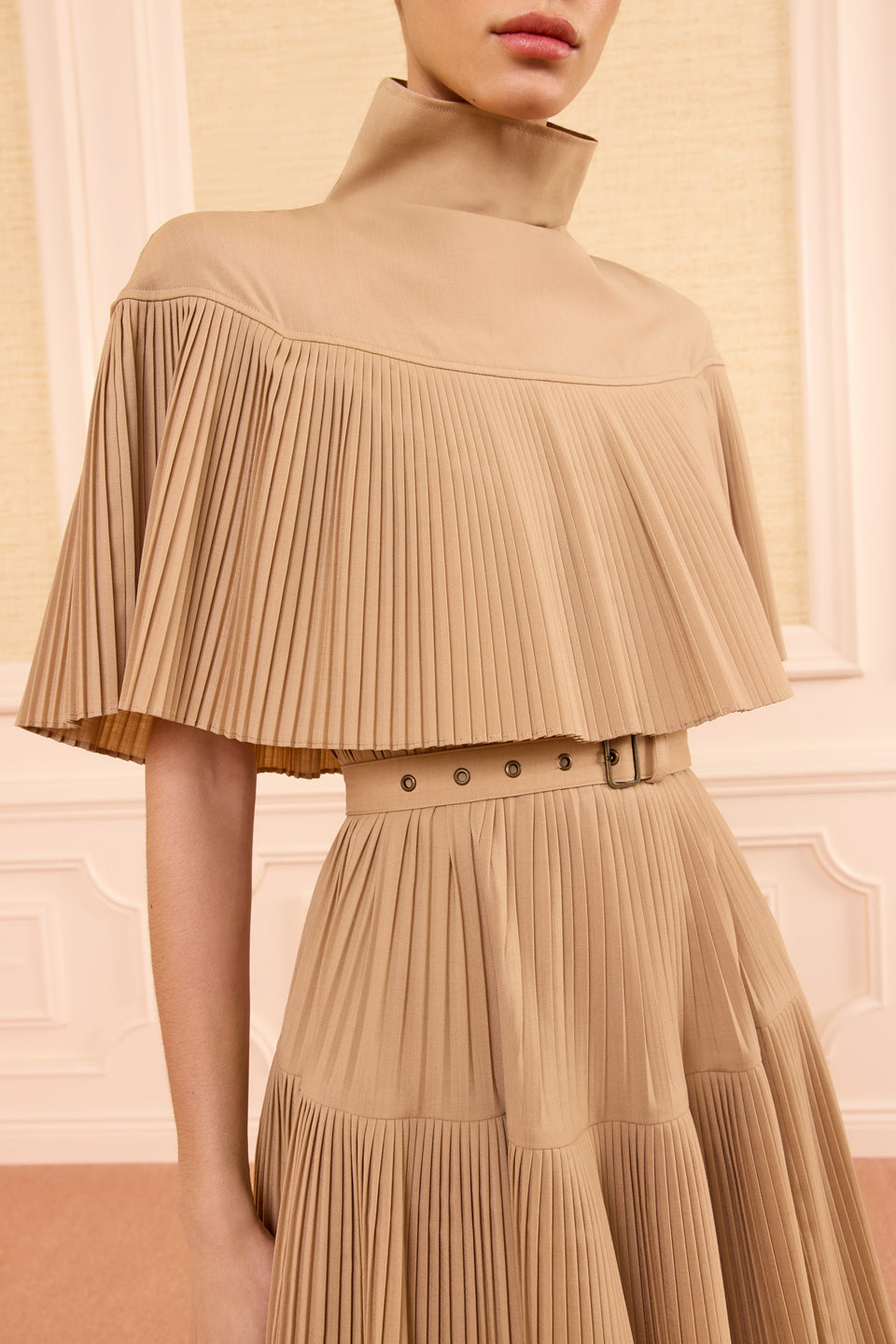 Dunewood Pleated Cape Overlay & Belted Waist Detail - Close-Up | Ulla Johnson