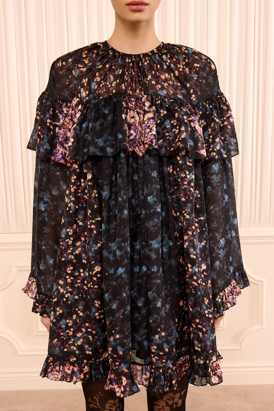 Eclipse Silk Jacquard Mini Dress - Ruffled Cape Overlay Detail, On Model | Ulla Johnson