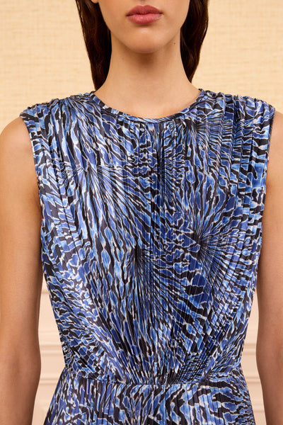Lapis Satin Malin Dress - Pleated Bodice & Round Neckline Close-Up Detail | Ulla Johnson