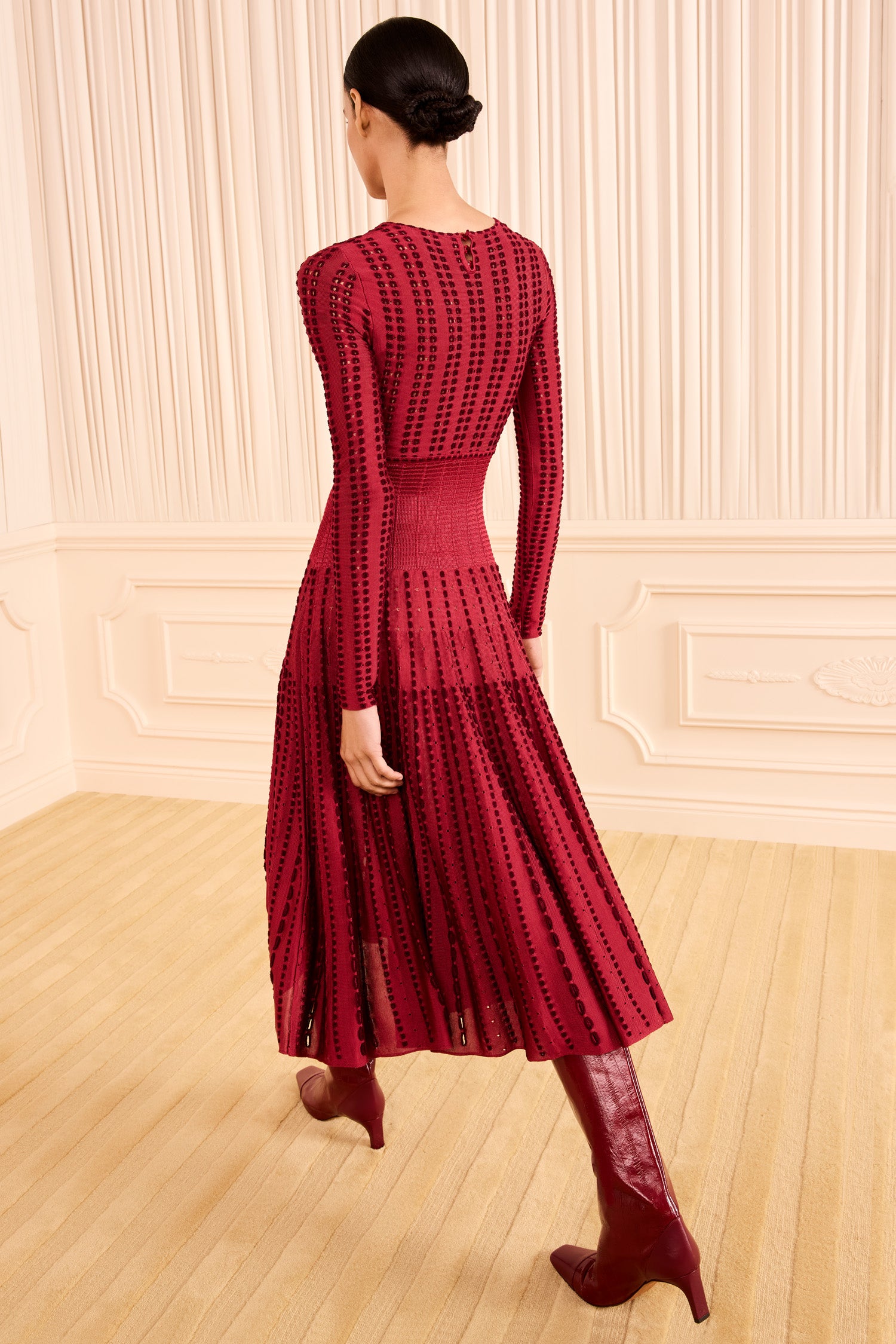 Ulla Johnson Garnet Eyelet Knit Dress - Back View, Flared Midi Skirt | Ulla Johnson