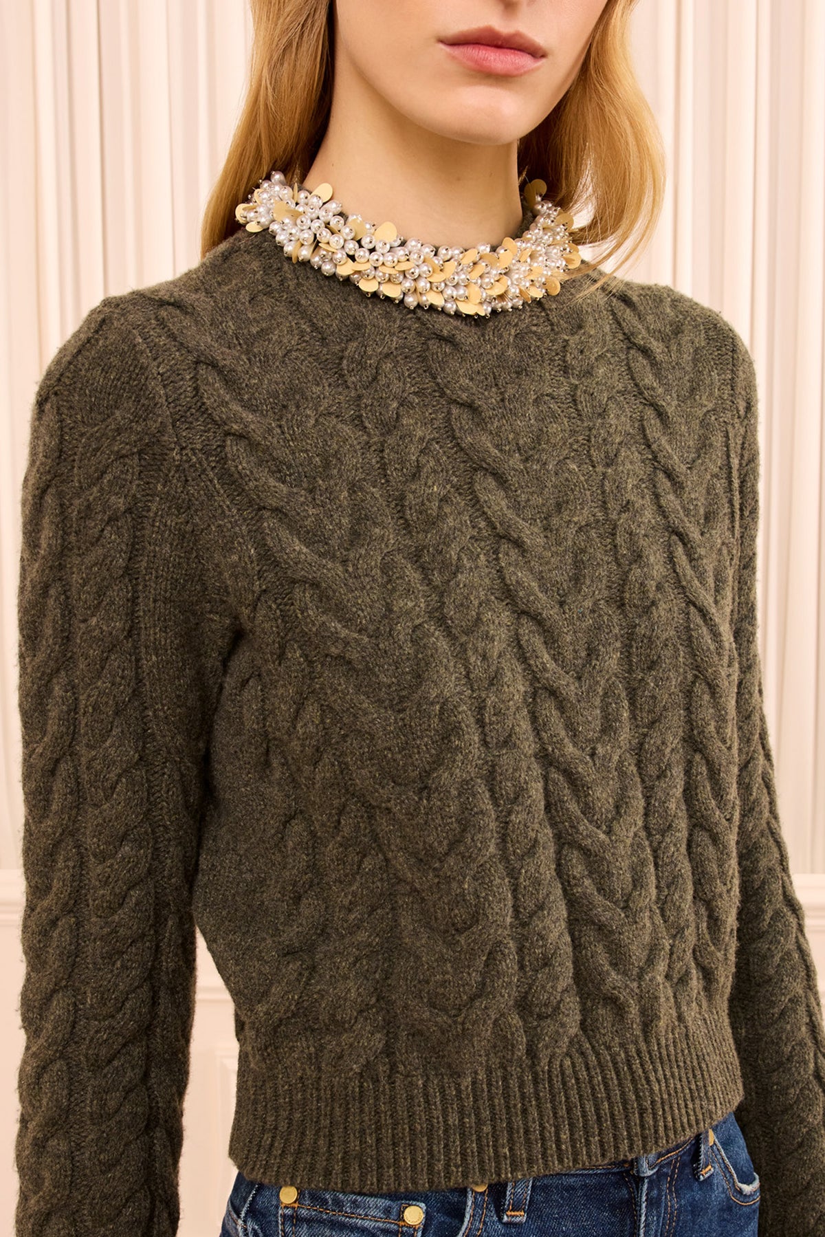 Militaire Cable Knit Sweater Pearl Sequin Neckline Close-Up Detail | Ulla Johnson