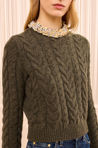 Militaire Cable Knit Sweater Pearl Sequin Neckline Close-Up Detail | Ulla Johnson
