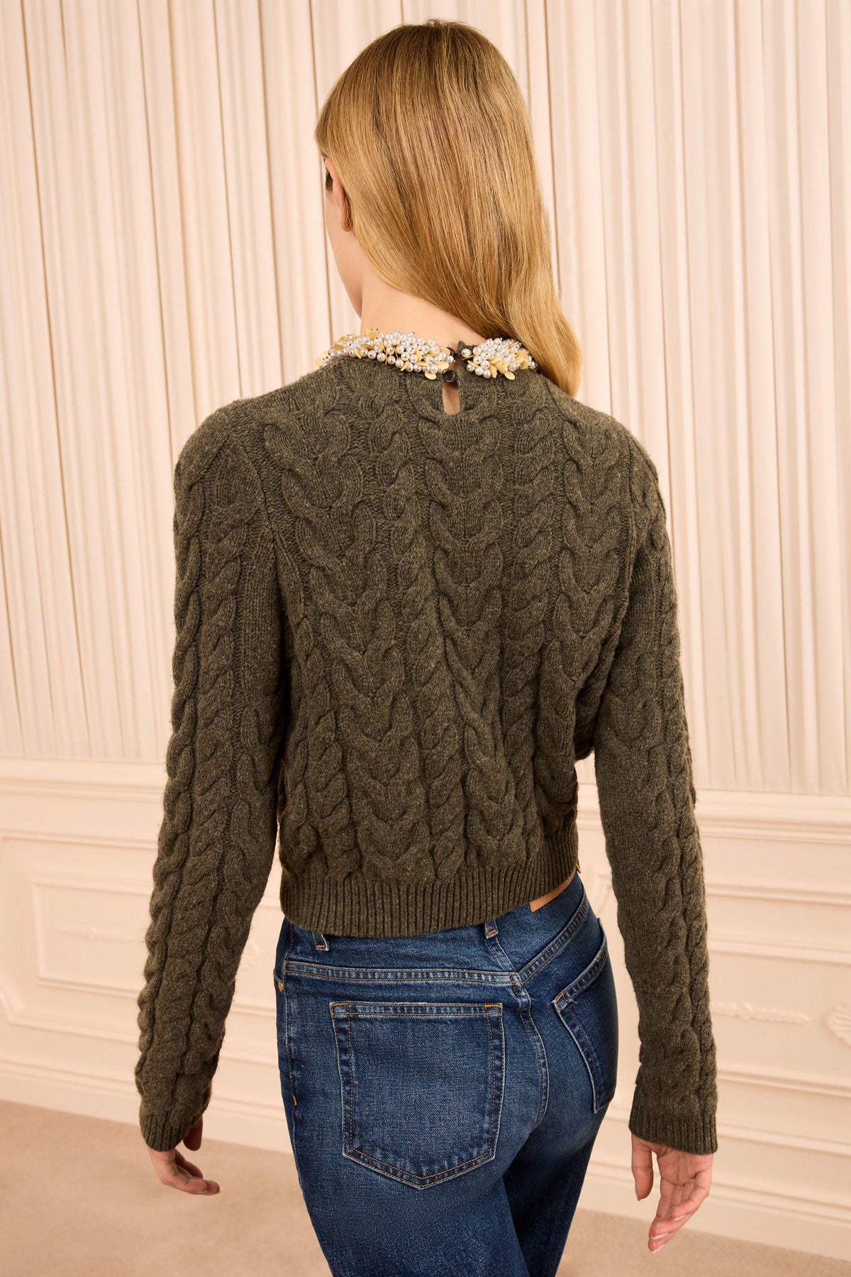 Militaire Luxury Cable Knit Pullover Pearl Embellished Neckline - Back View | Ulla Johnson
