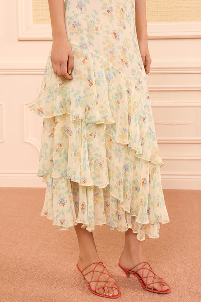 Cream Silk Chiffon Tiered Ruffle Midi Skirt Floral Print - Close-Up Hem Detail | Ulla Johnson