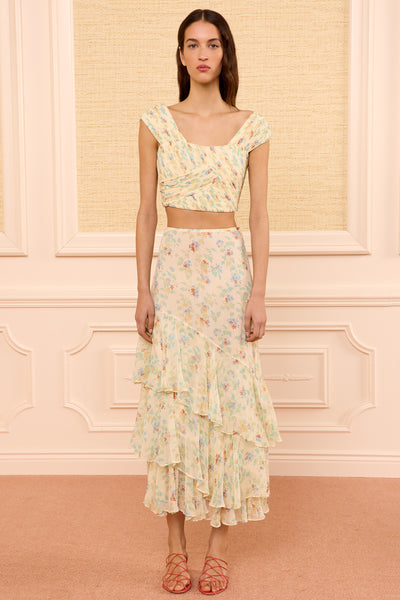 Cream Floral Silk Midi Skirt Cascading Asymmetric Ruffles - Full Front On Model | Ulla Johnson
