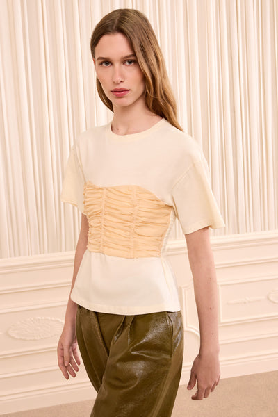 Pearl Luxury Cotton Top - Three-Quarter On Model Side View with Ruched Bustier | Ulla Johnson