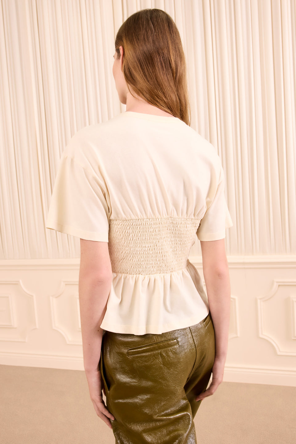 Pearl Cotton Jersey Top - Back View Showing Smocked Waist Detail On Model | Ulla Johnson