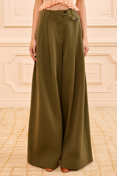 Olive Green Cotton Twill Wide Leg Trousers - Close Up Front Detail | Ulla Johnson