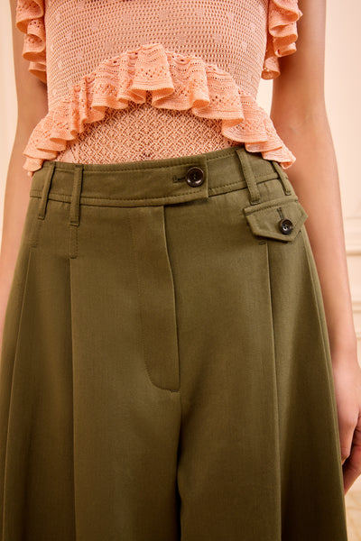 Olive Green Cotton Twill Wide Leg Trousers - Waistband Coin Flap Detail | Ulla Johnson