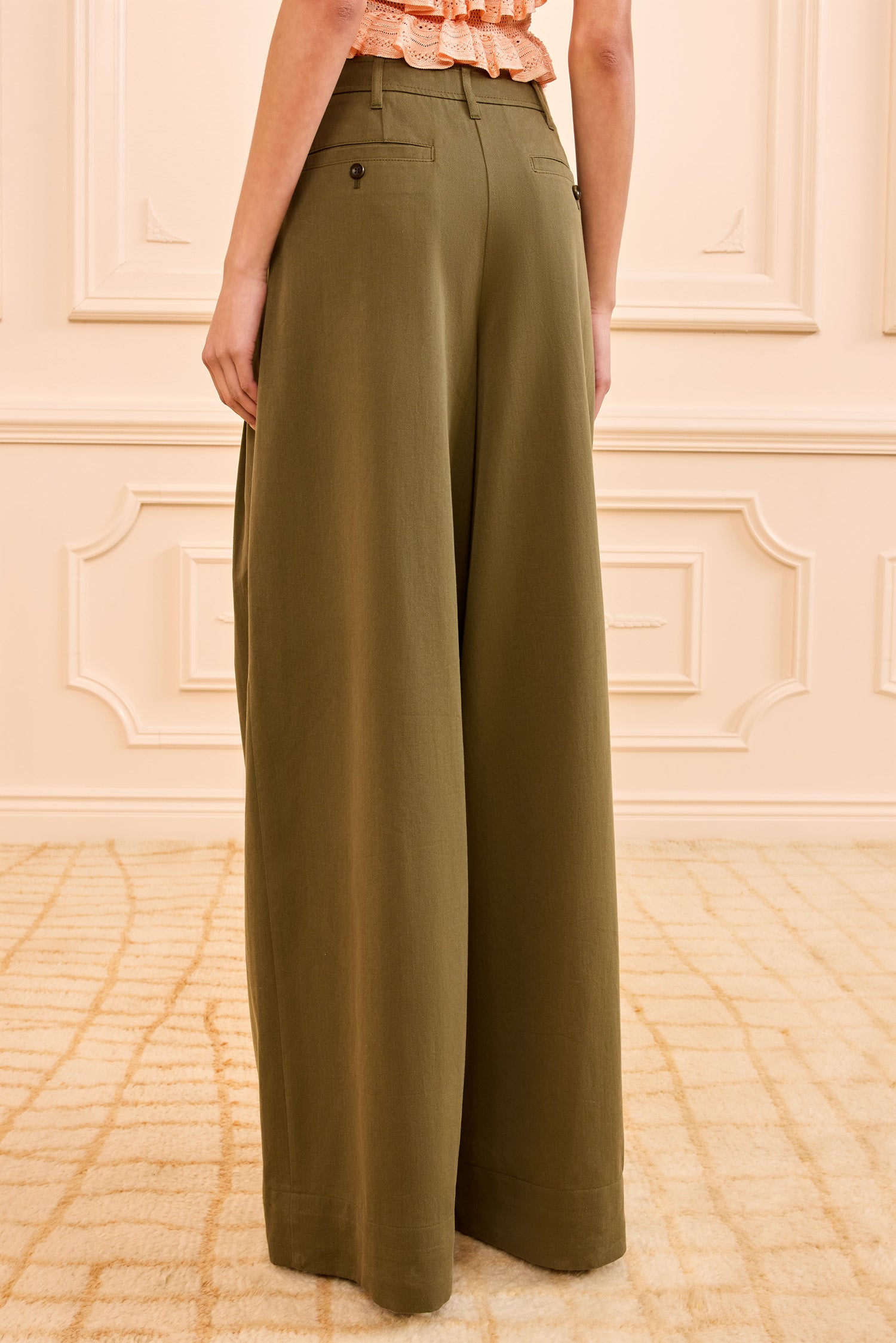 Ulla Johnson Olive Green Cotton Twill Wide Leg Trousers - Back View On Model | Ulla Johnson