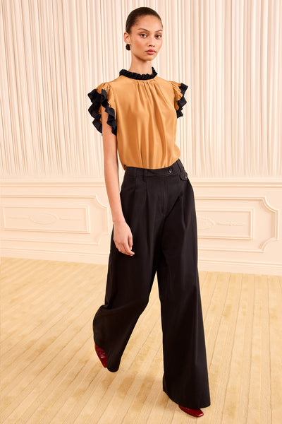 Noir Cotton Twill Wide Leg Trouser - On Model Three-Quarter View | Ulla Johnson