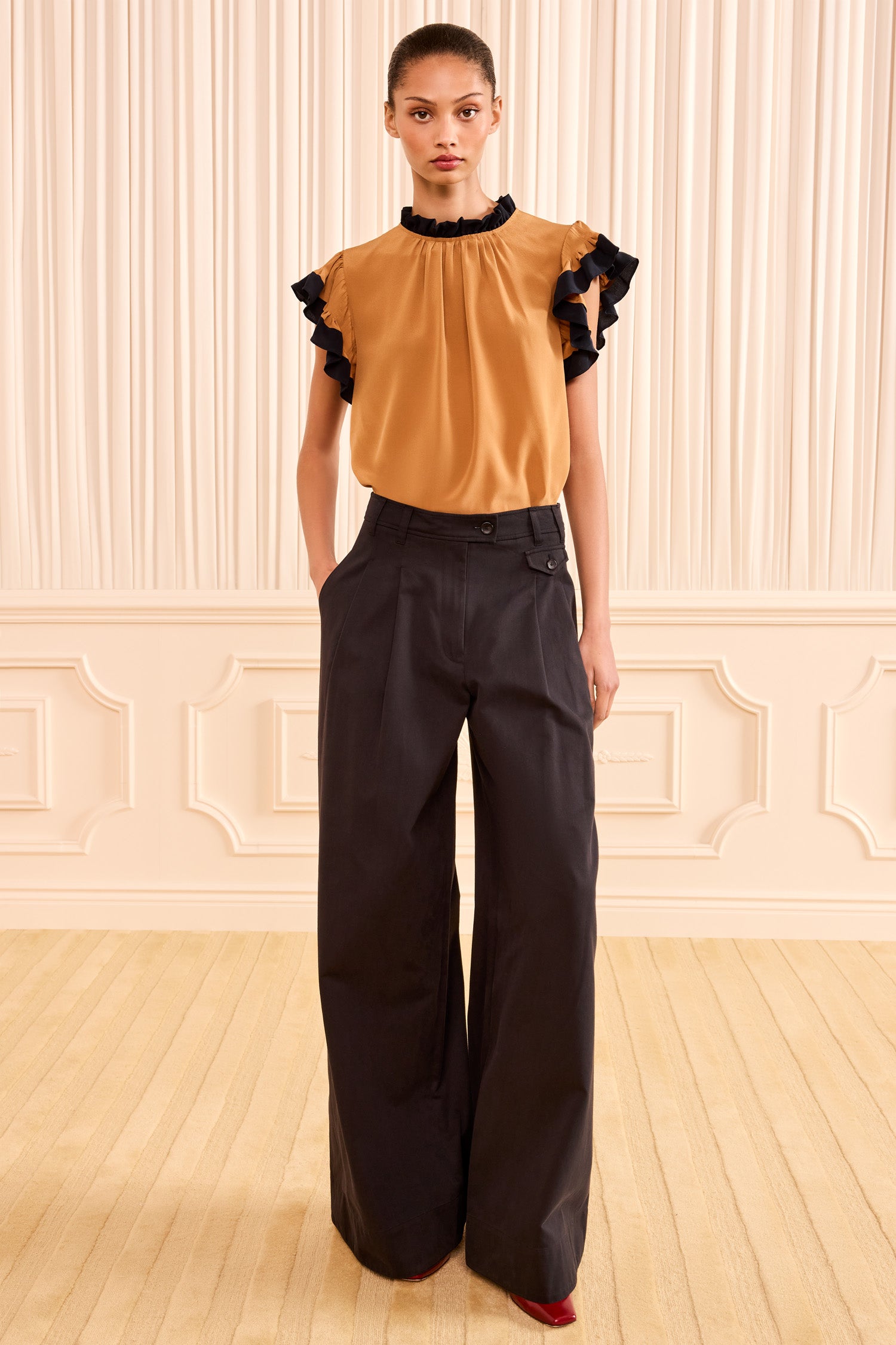 Ulla Johnson Noir Cotton Wide Leg Trouser - Front View On Model, Luxury Designer Trousers | Ulla Johnson