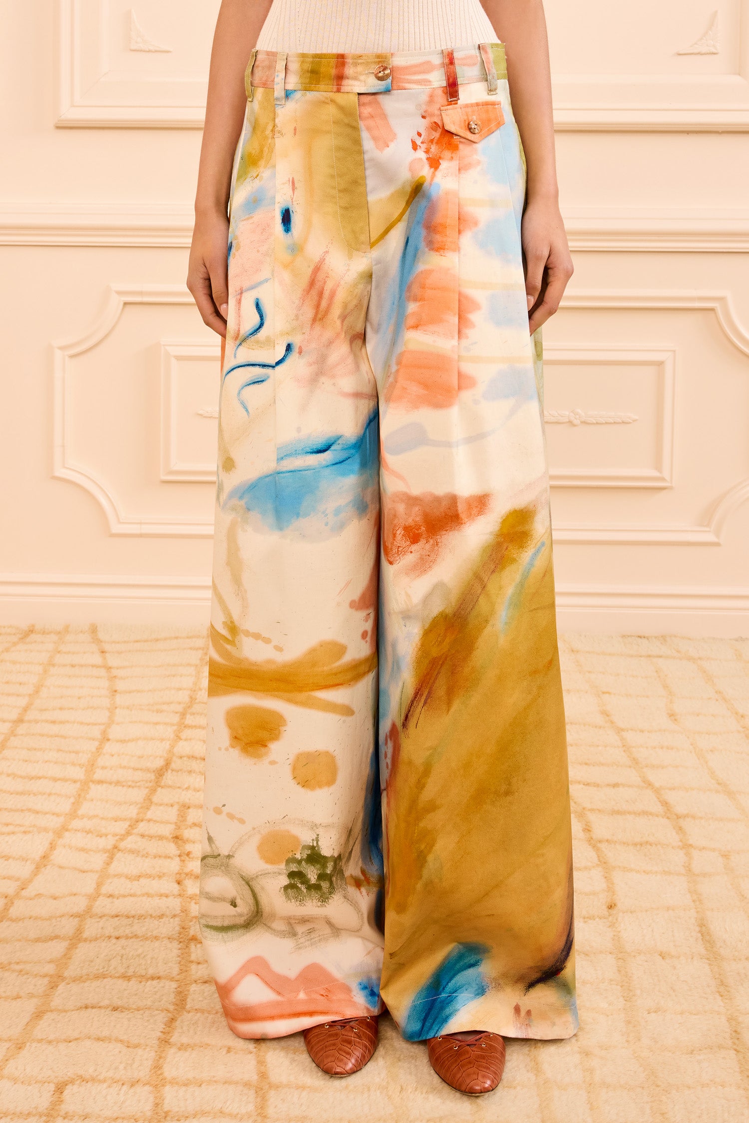 Ulla Johnson Multicolor Abstract Print Designer Wide Leg Trouser, Western Dream - Front Crop View | Ulla Johnson