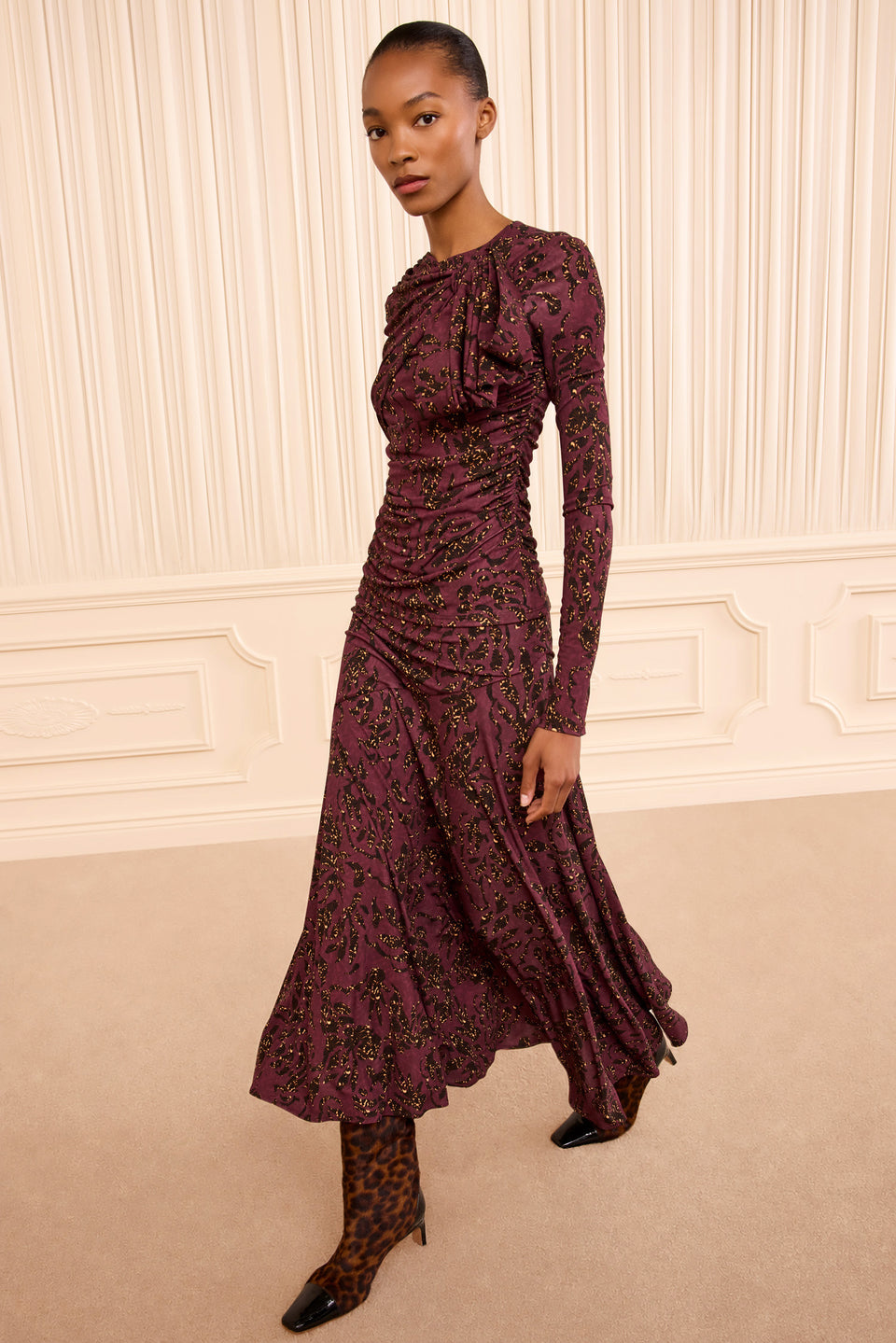 Claret Floral Ruched Jersey Draped Top - Three-Quarter View On Model | Ulla Johnson
