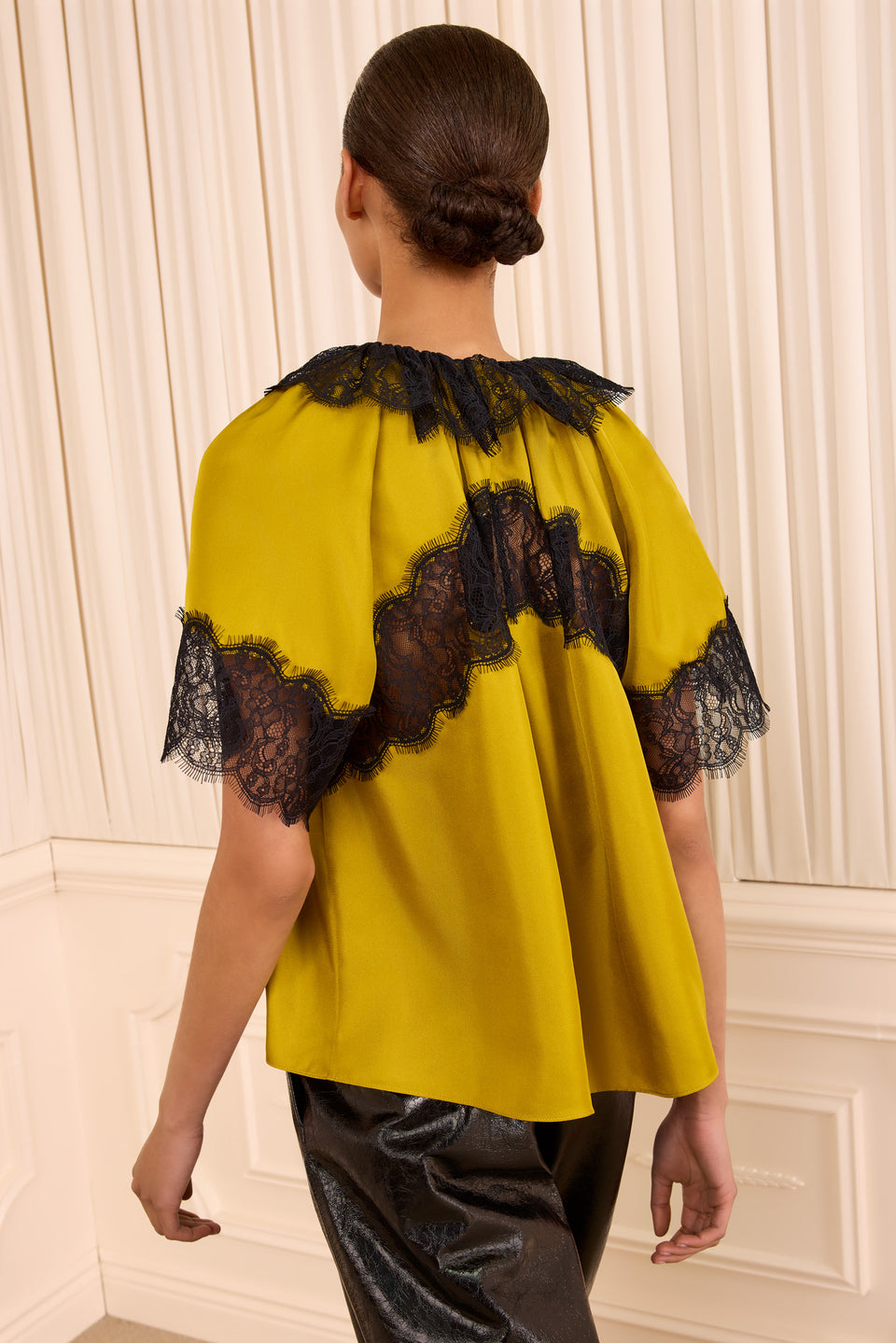Citrine Luxury Silk Nina Blouse with Black Lace - Back View On Model | Ulla Johnson