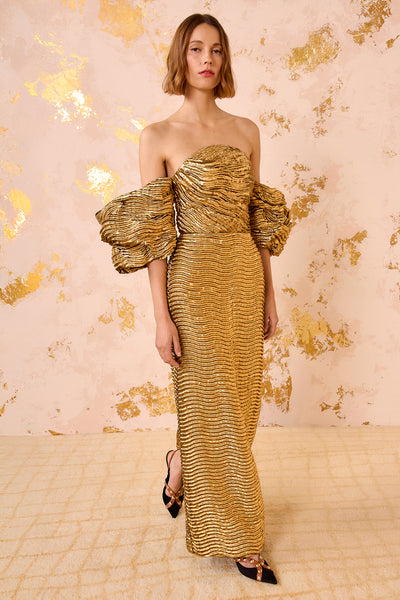 ⁣⁢Abito Lungo Drappeggiato Oro Metallizzato Nisha - Vista Frontale | Ulla Johnson⁤⁣