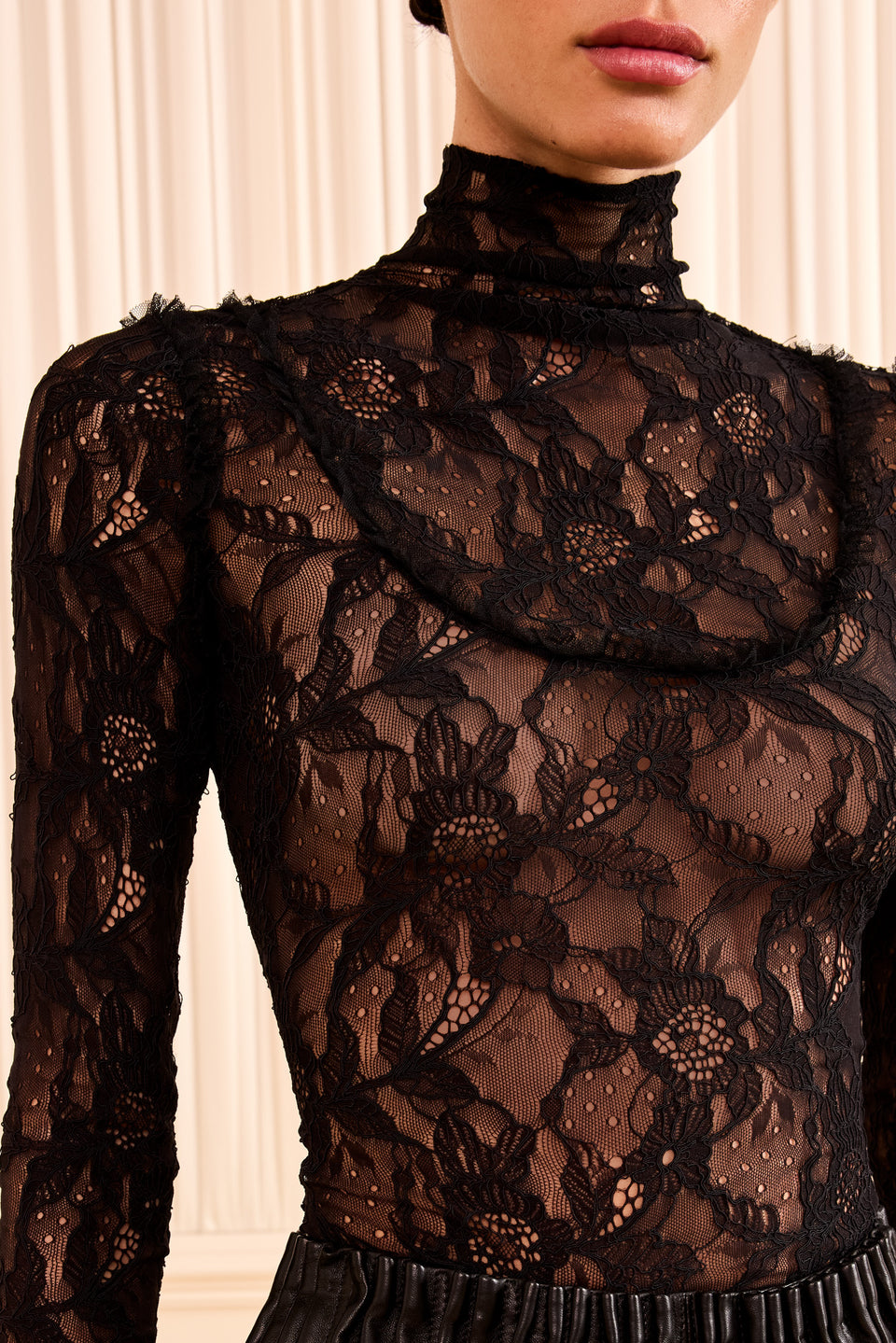 Noir Chantilly Lace Top - Raised Floral Motif and Scoop Yoke Detail | Ulla Johnson