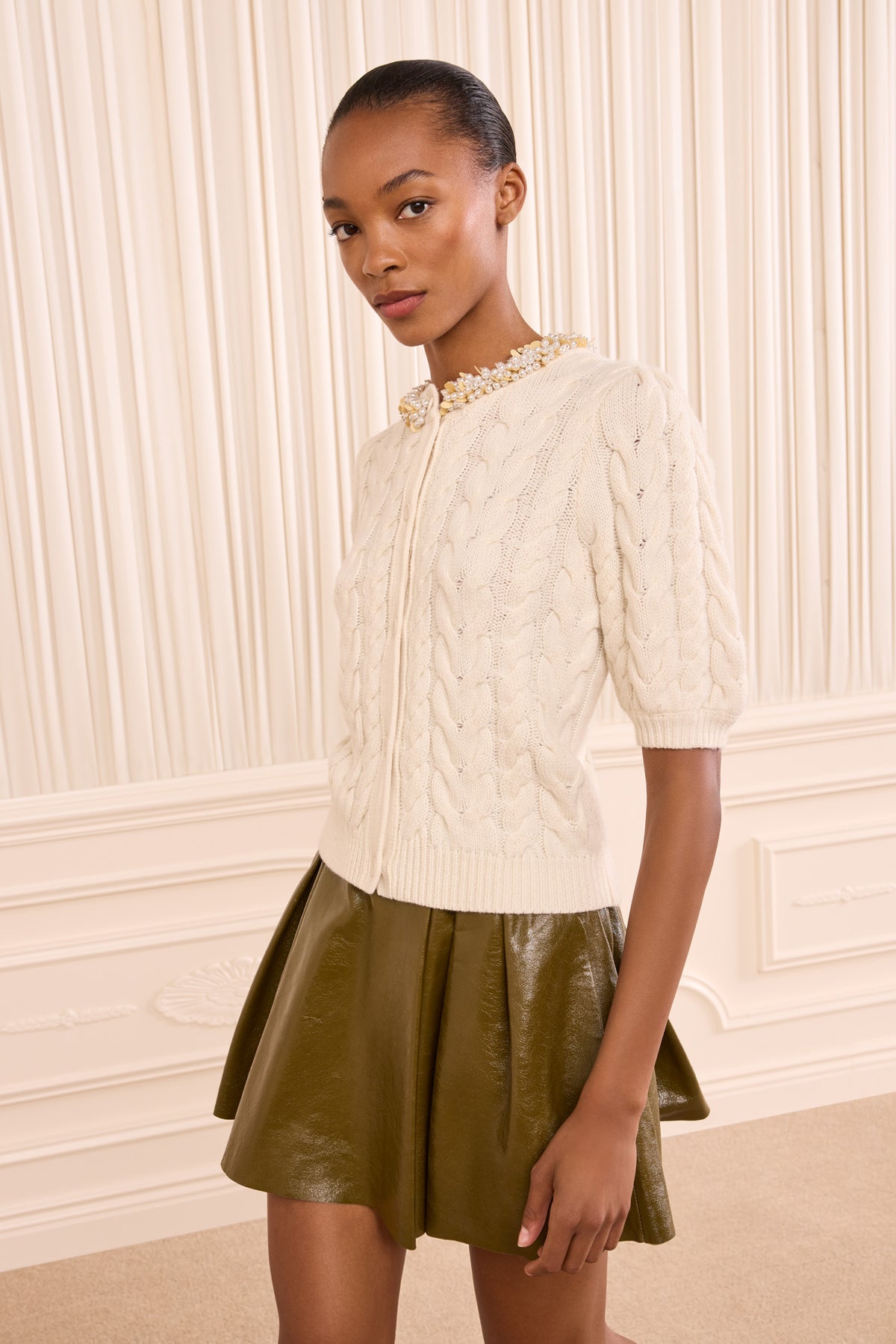 Pearl Wool Cashmere Cable Knit Cardigan - Front Three-Quarter View on Model | Ulla Johnson