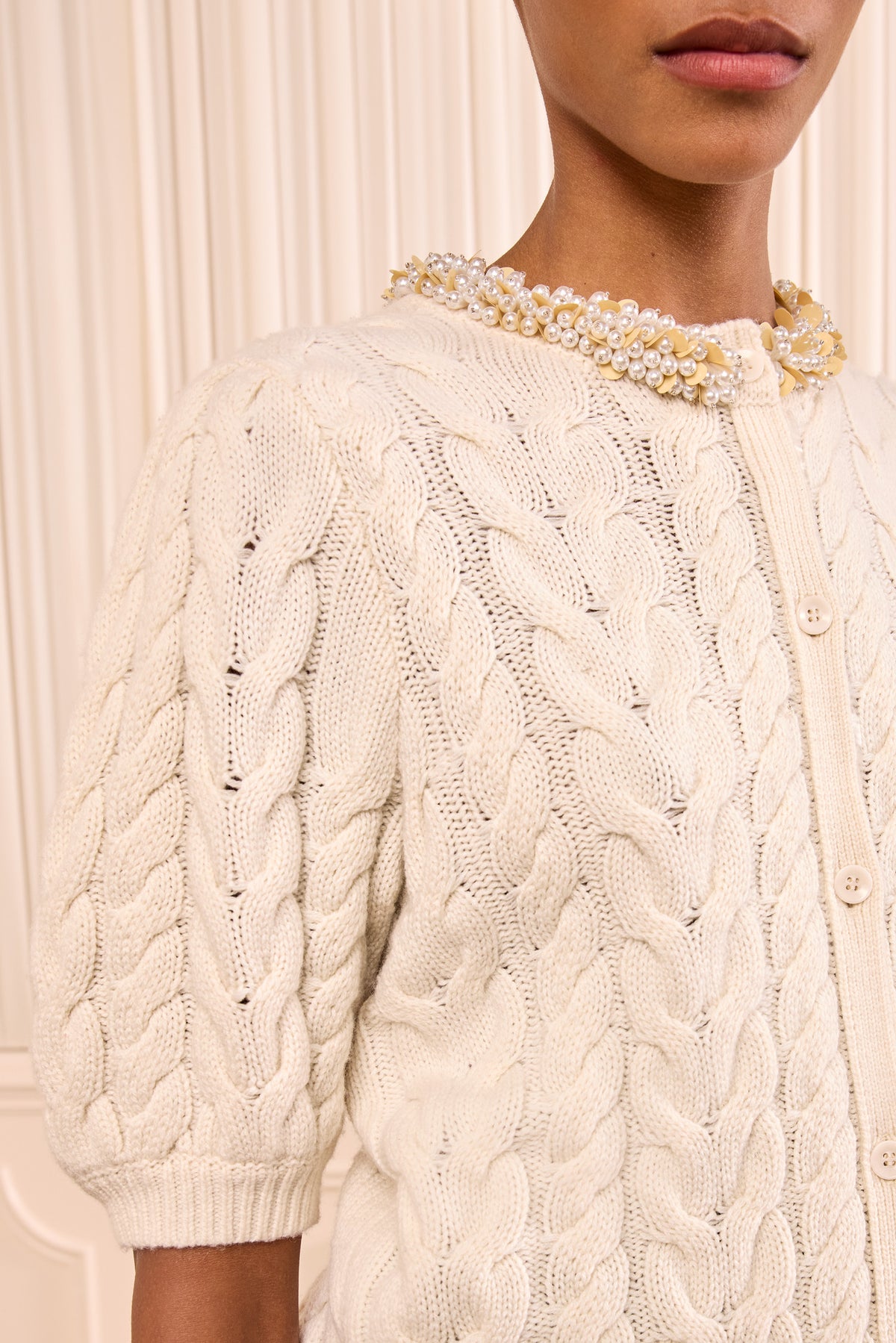 Pearl Cable Knit Cardigan - Pearl Embellished Collar Close-Up Detail | Ulla Johnson