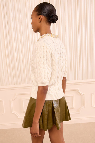 Pearl Wool Cashmere Cable Knit Cardigan - Back View on Model | Ulla Johnson