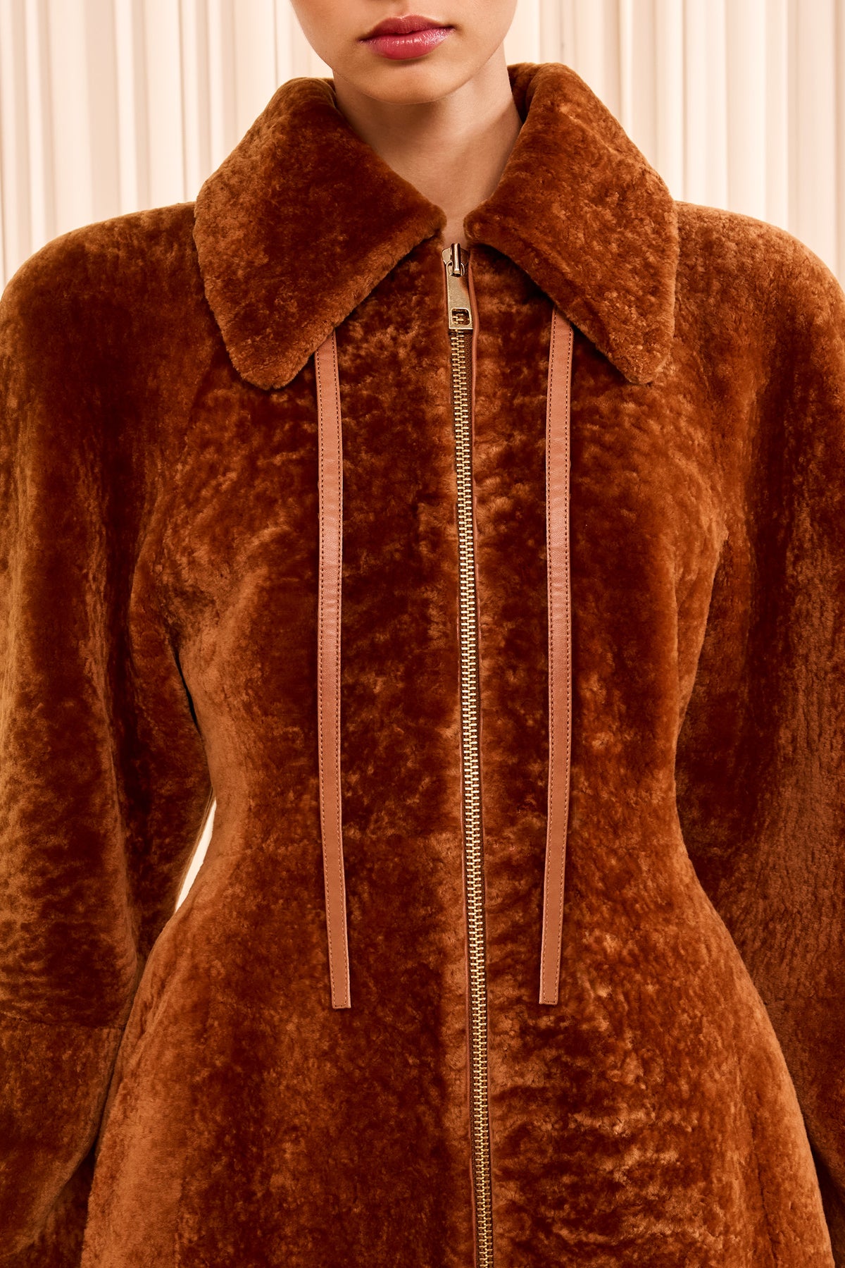 Sienna Shearling Coat - Gold Zipper and Collar Tie Detail | Ulla Johnson