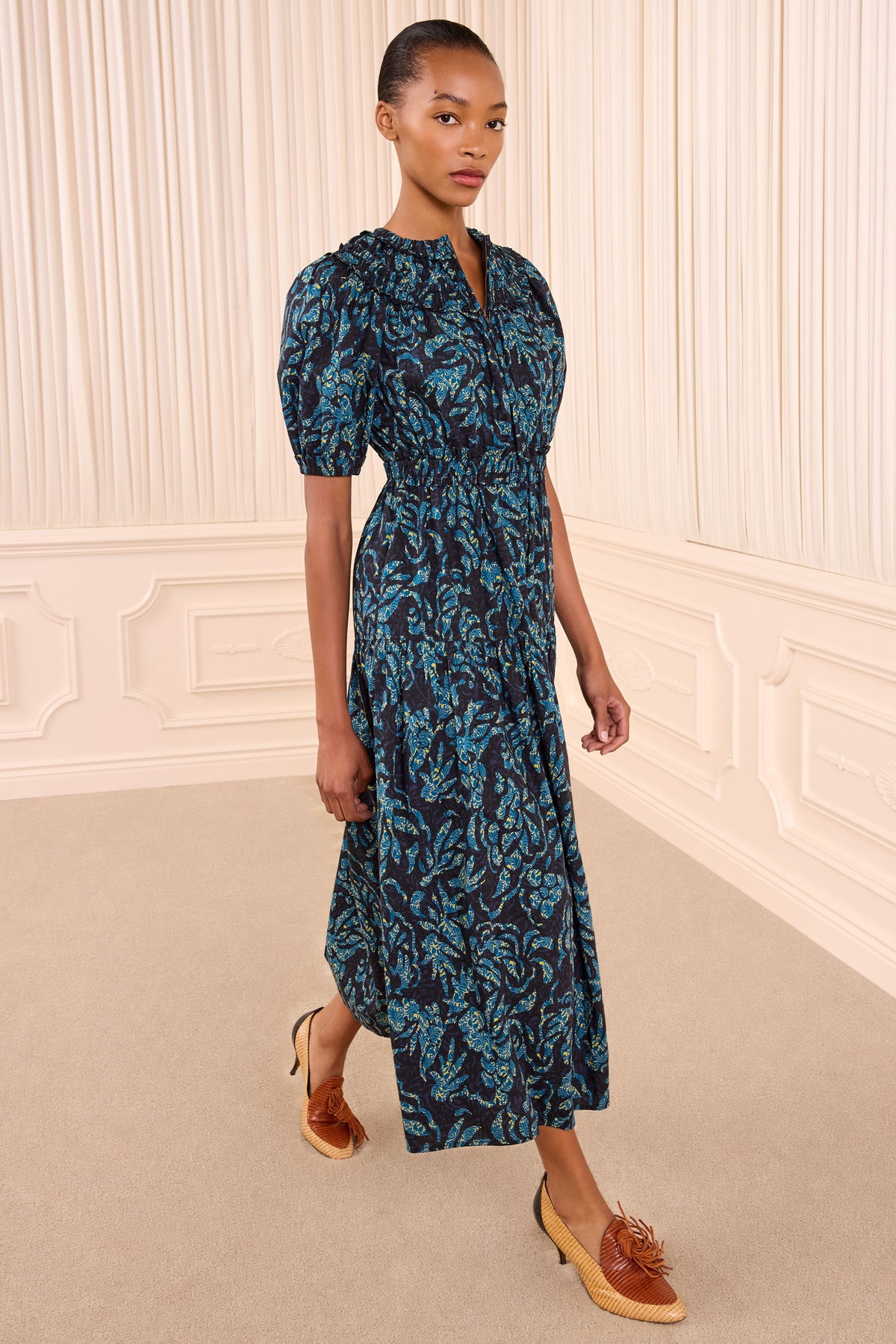 Midnight Printed Cotton Othella Midi Dress - Three-Quarter View On Model | Ulla Johnson