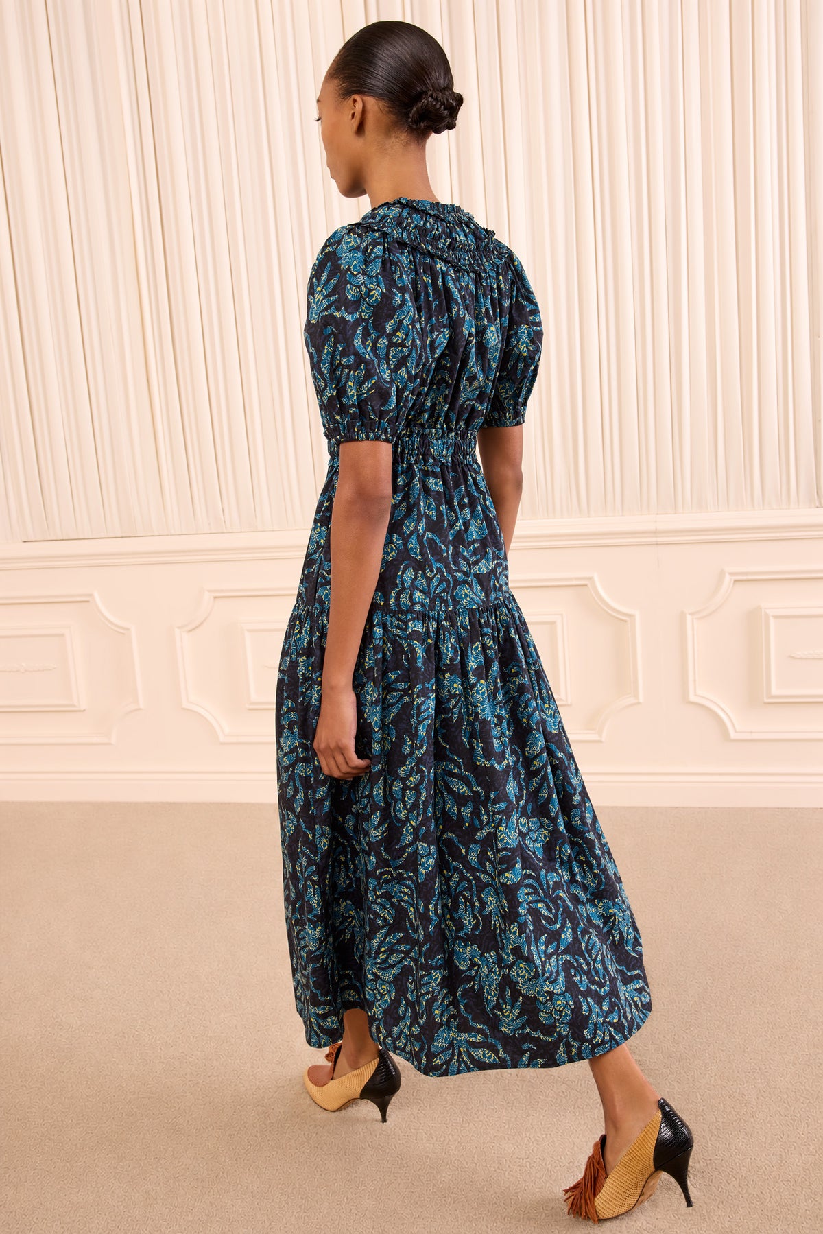 Midnight Botanical Print Cotton Othella Dress - Back View On Model | Ulla Johnson