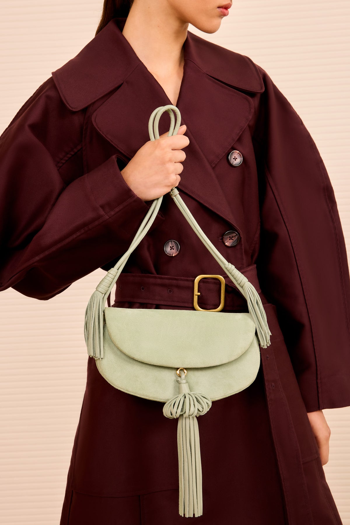 Ulla Johnson Paloma Suede Tassel Bag in Sea Glass - On Model Shoulder Carry | Ulla Johnson