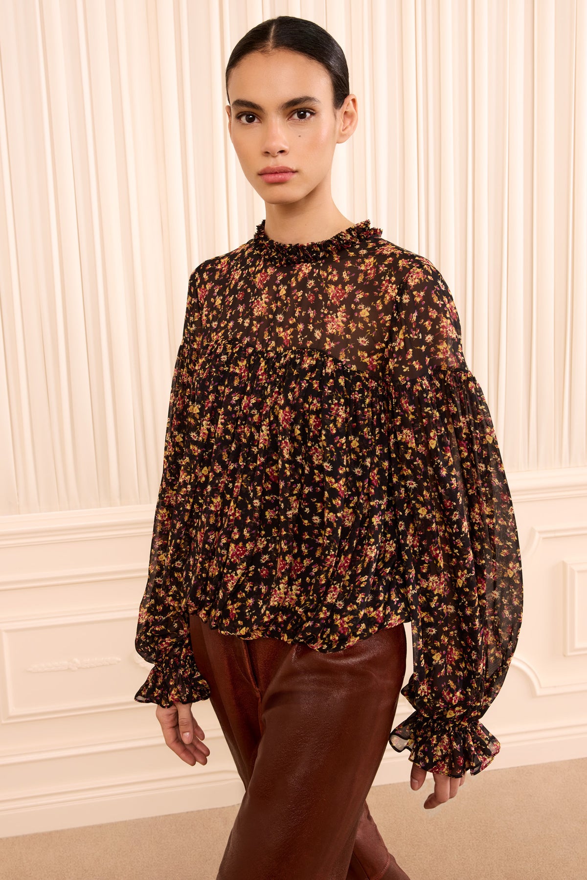 Black Floral Silk Chiffon Blouson Blouse - Front View On Model | Ulla Johnson