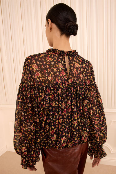 Black Mille Fleur Silk Blouse - Back View Ribbon Tie Neck Detail | Ulla Johnson