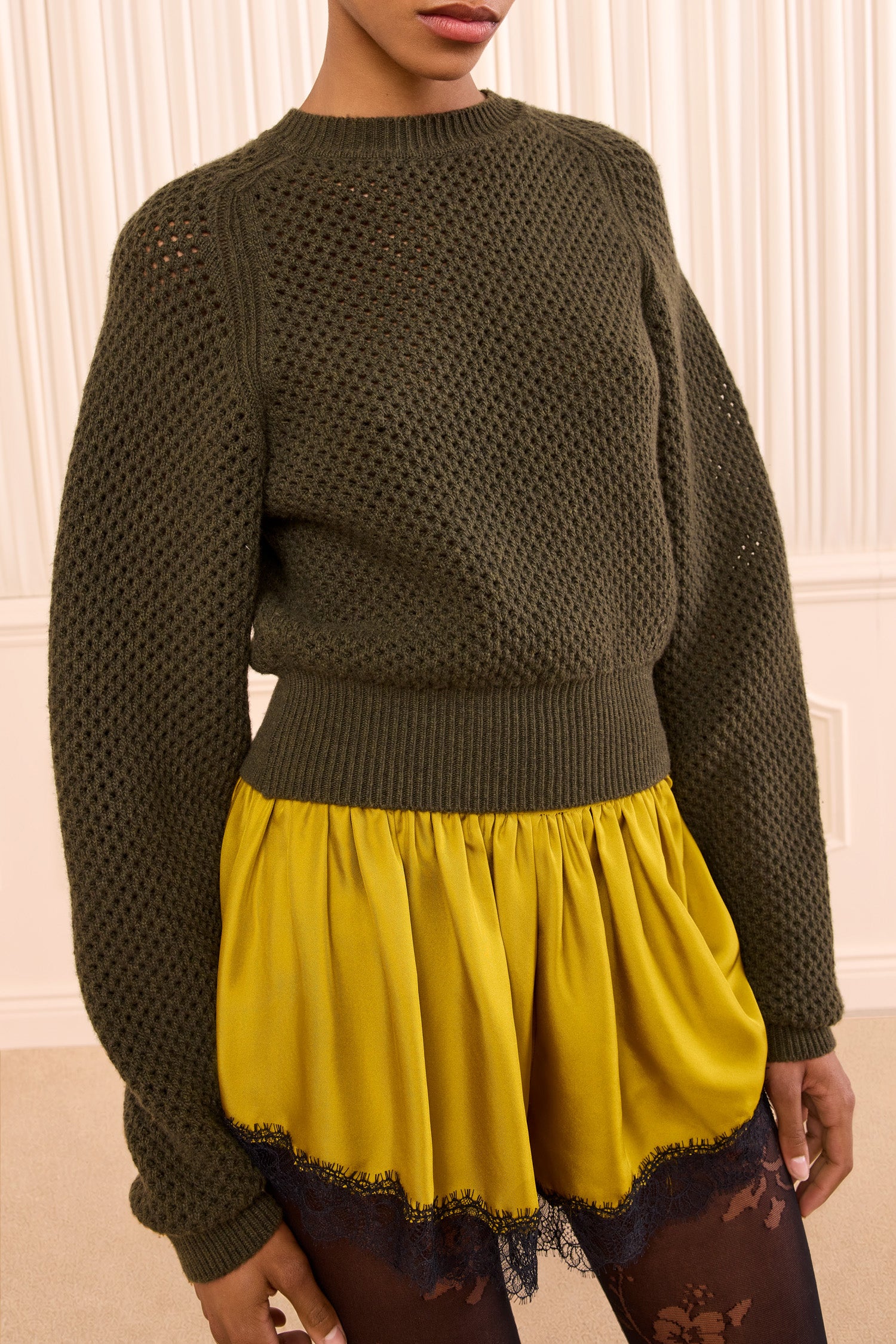 Ulla Johnson Militaire Mesh Wool Knit Pullover - Front Torso Close-Up, Ribbed Hem Detail | Ulla Johnson