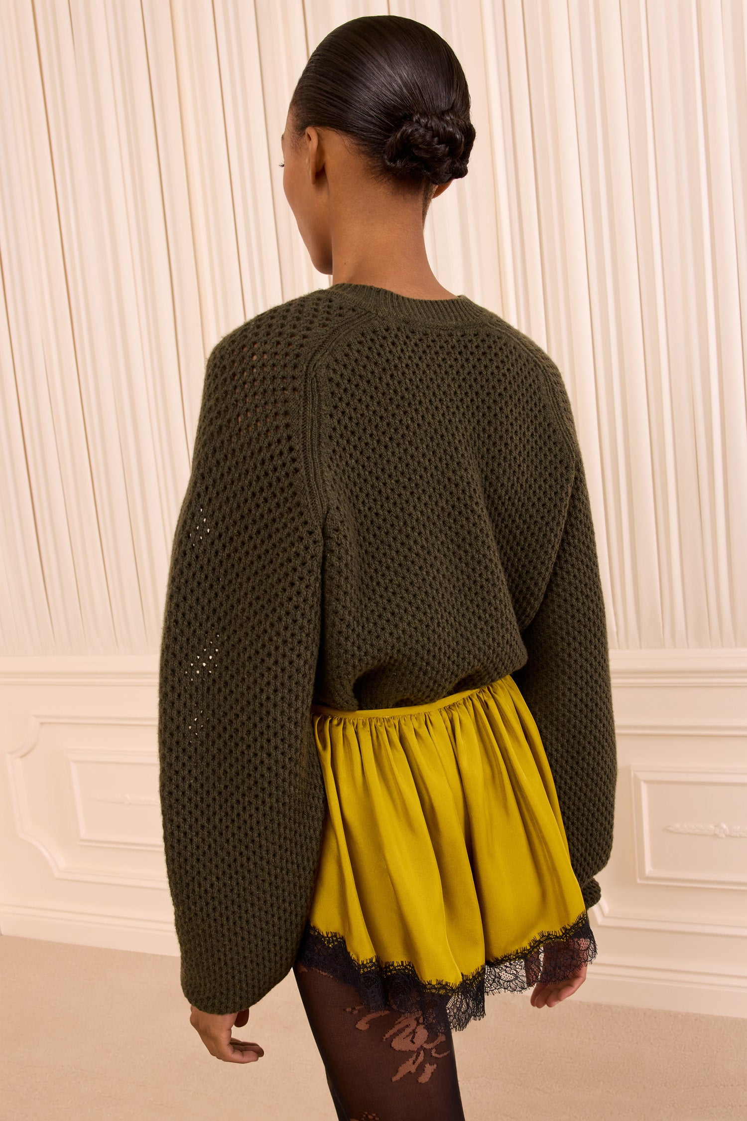 Ulla Johnson Militaire Mesh Wool Knit Pullover - Back View On Model, Open Mesh Texture Detail | Ulla Johnson