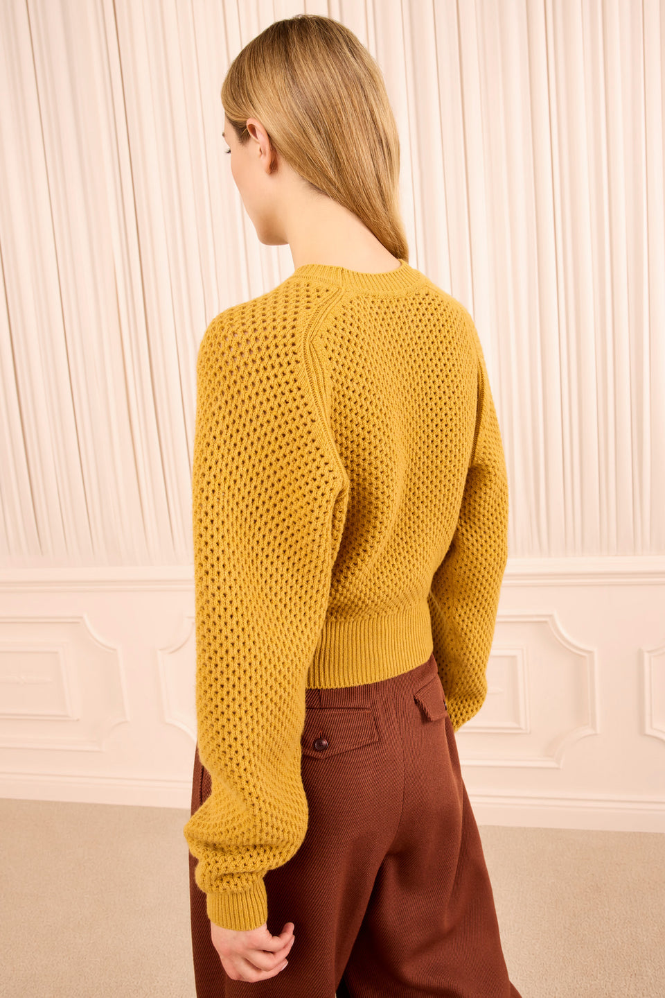 Turmeric Mesh Merino Wool Knit Pullover - Back View, Ribbed Hem | Ulla Johnson