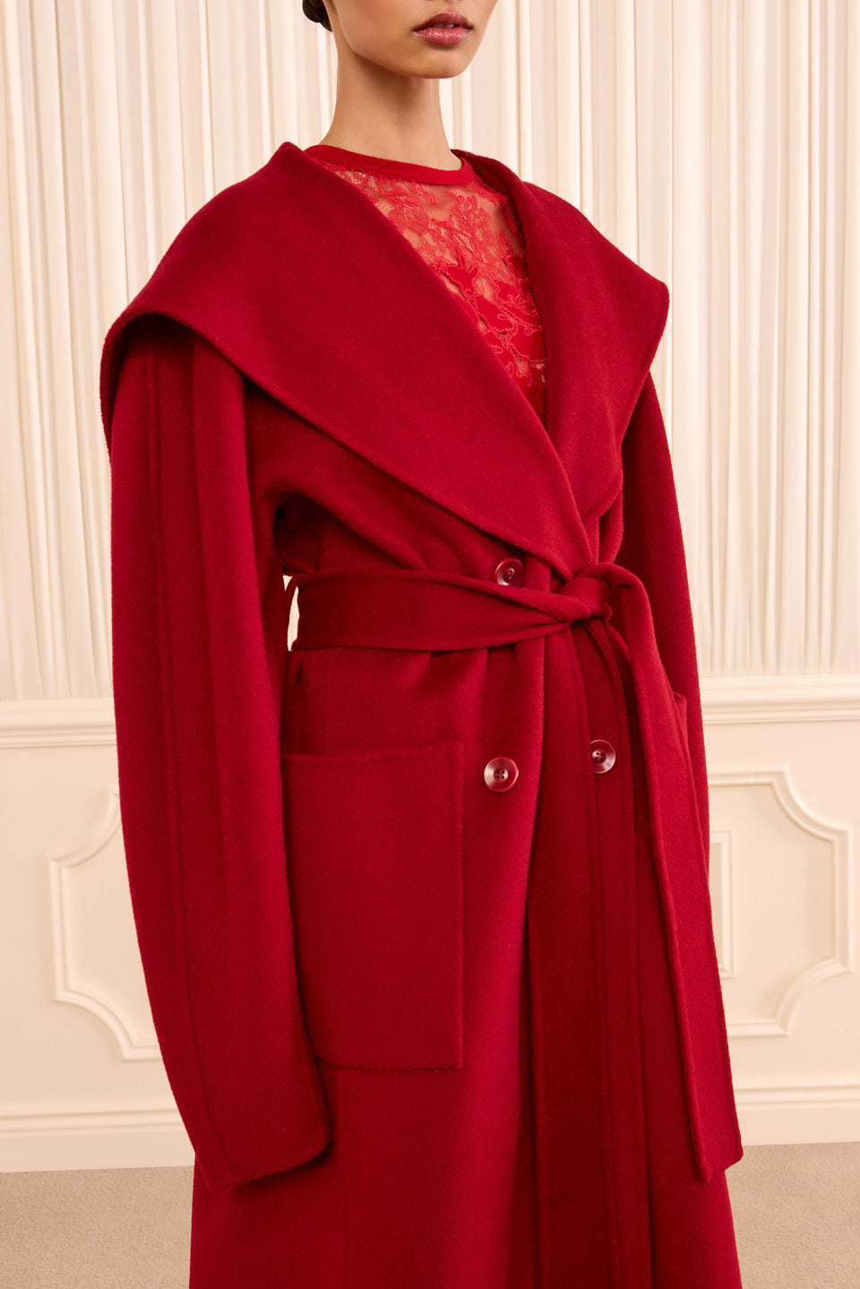 Cerise Wool Rory Coat, Draped Collar and Double-Breasted Buttons - Close-Up Detail | Ulla Johnson