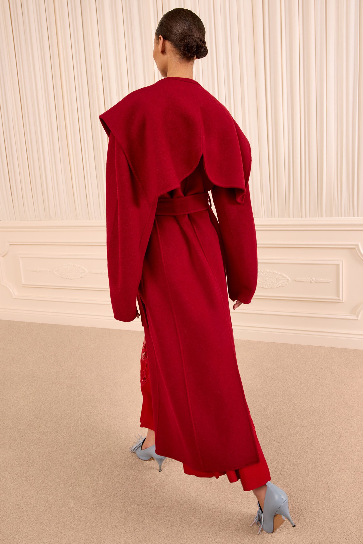 Ulla Johnson Cerise Wool Rory Coat, Sculptural Draped Collar Detail - On Model Back Close-Up | Ulla Johnson