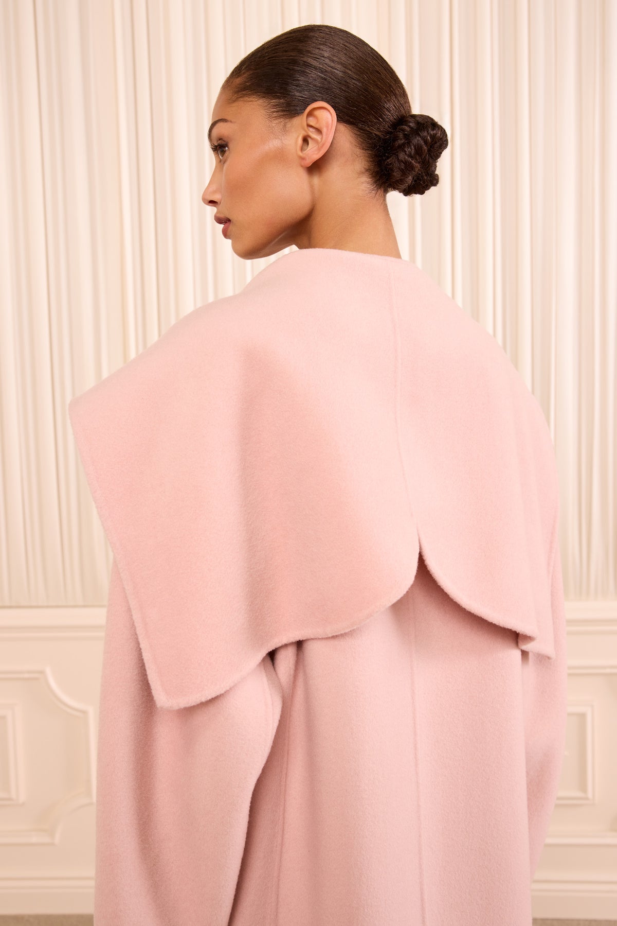 Powder Wool Coat - Side Profile, Wide Collar Back Drape Detail | Ulla Johnson