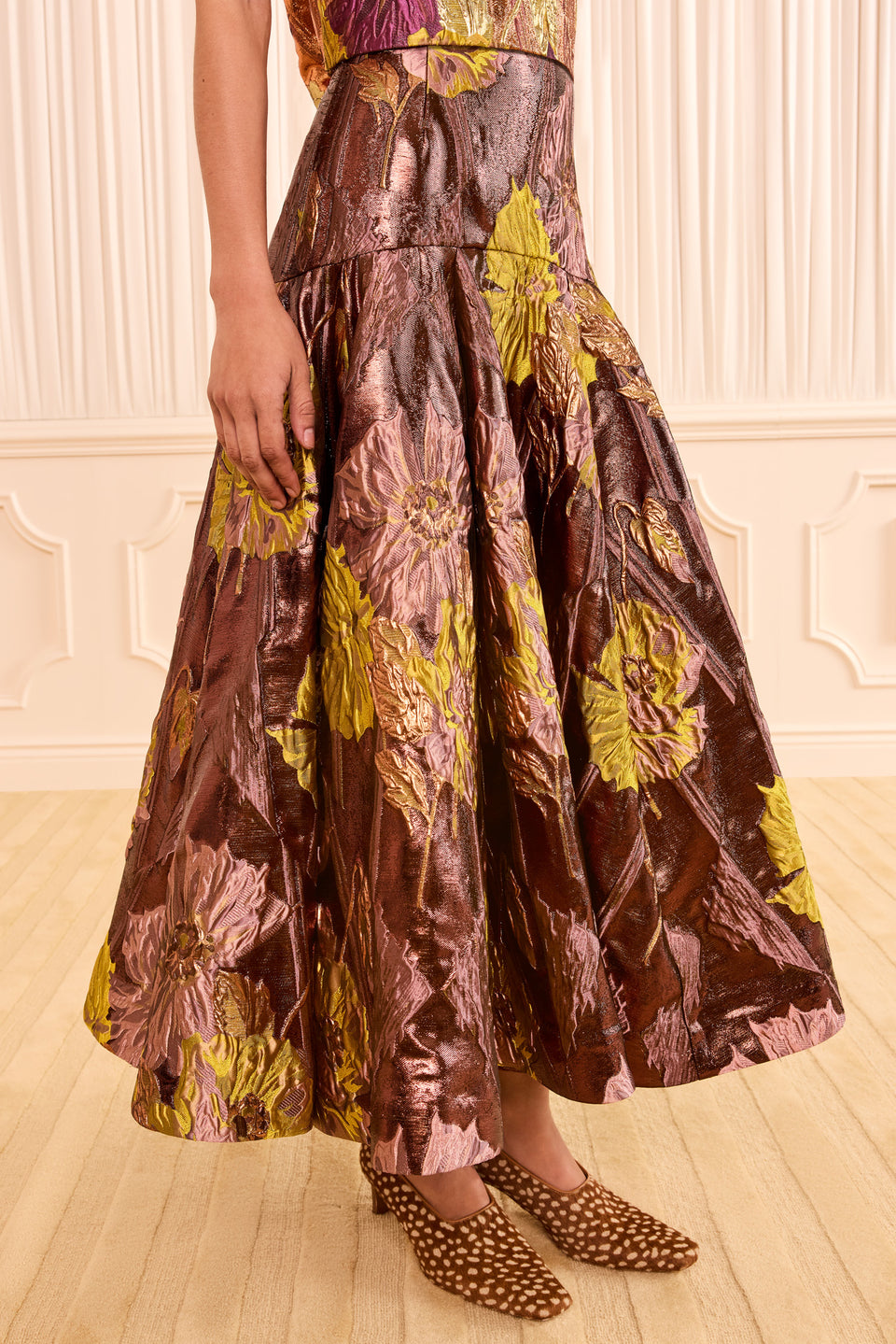 Metalrose Lurex Jacquard Flared Midi Skirt - Pleated Skirt Close-Up | Ulla Johnson