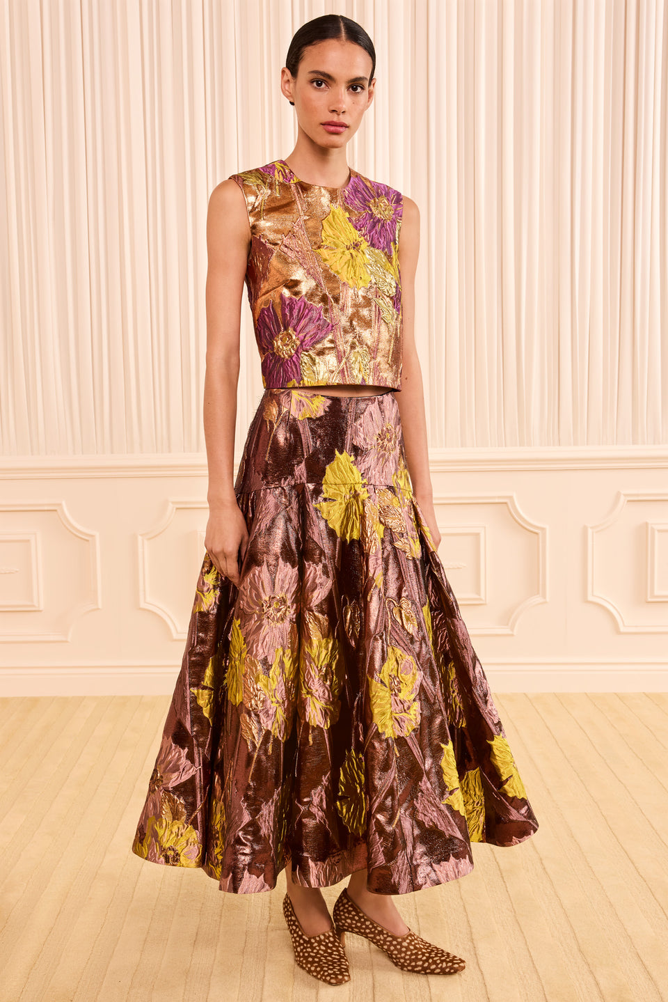 Metalrose Floral Lurex Jacquard Flared Midi Skirt - Alternate Front View On Model | Ulla Johnson