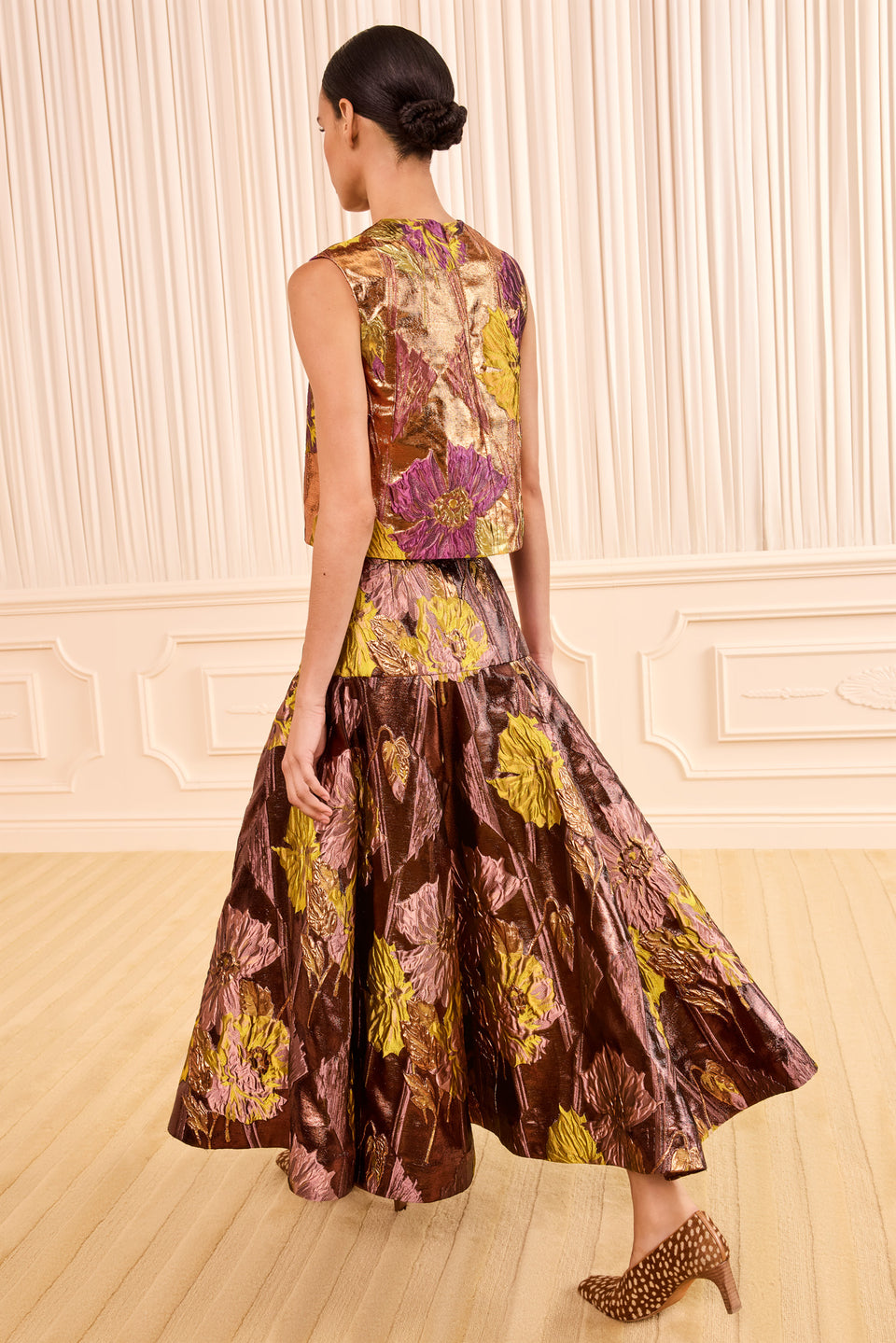 Metalrose Lurex Jacquard Flared Midi Skirt - Back View On Model | Ulla Johnson