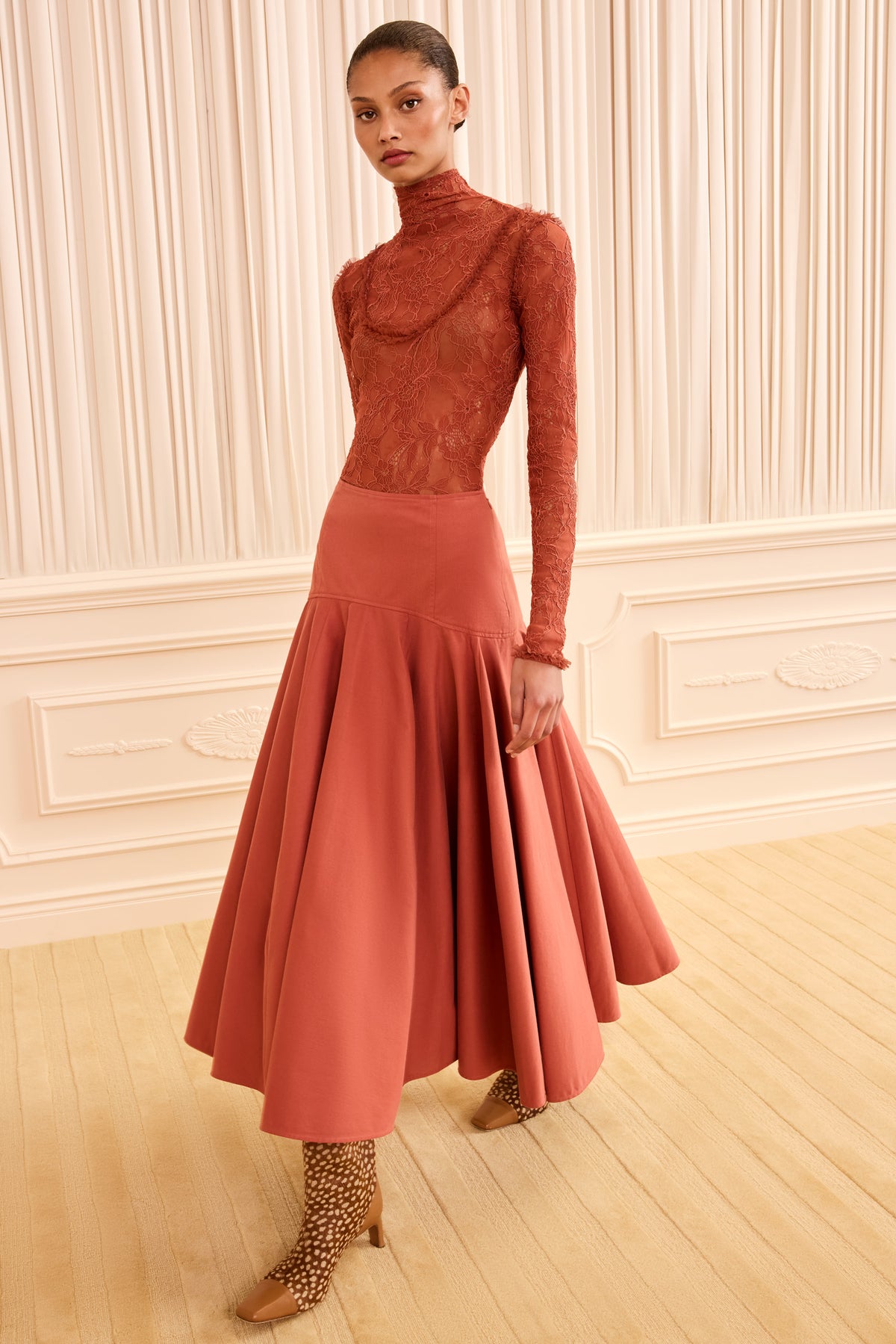 Bronze Cotton Twill Flared Midi Skirt - Front View, On Model | Ulla Johnson