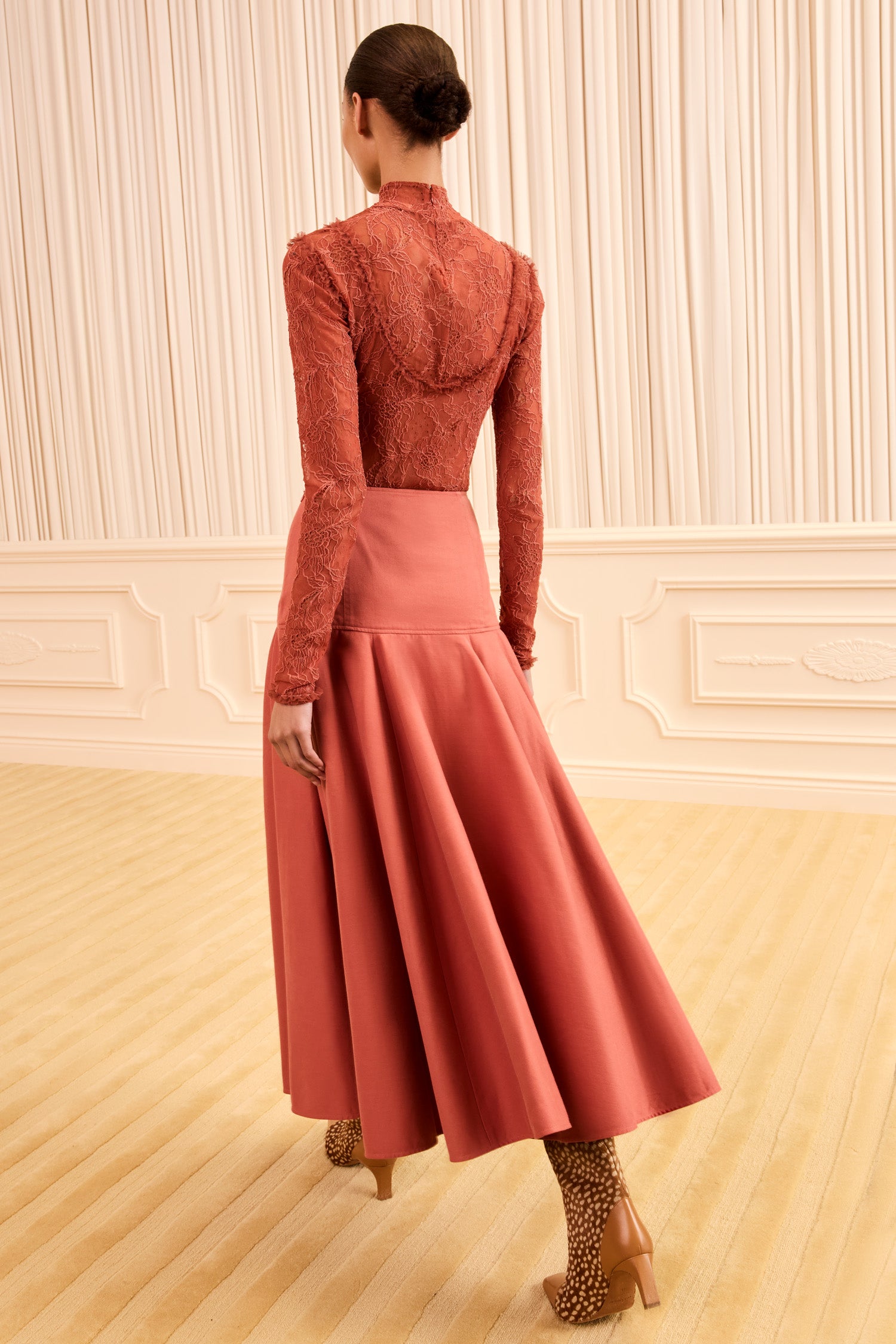 Ulla Johnson Bronze Cotton Twill Flared Midi Skirt - Back View, On Model | Ulla Johnson